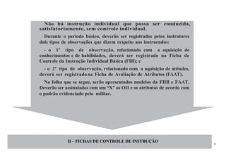 9
Não há instrução individual que possa ser conduzida,
satisfatoriamente, sem controle individual.
Durante o período básico, deverão ser registrados pelos instrutores
dois tipos de observações que dizem respeito aos instruendos:
- o 1º tipo de observação, relacionado com a aquisição de
conhecimentos e de habilidades, deverá ser registrado na Ficha de
Controle da Instrução Individual Básica (FIB); e
- o 2º tipo de observação, relacionado com a aquisição de atitudes,
deverá ser registradona Ficha de Avaliação de Atributos (FAAT).
Na folha que se segue, serão apresentados modelos da FIIB e FAAT.
Deverão ser assinalados com um “X” os OII e os atributos de acordo com
o padrão evidenciado pelo militar.
II – FICHAS DE CONTROLE DE INSTRUÇÃO
 