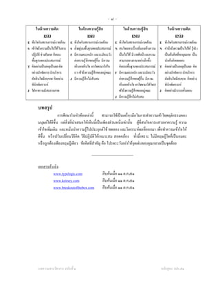 -๘-
      ในด้ านความคิด                    ในด้ านความรู้ สึก                  ในด้ านความรู้ สึก                  ในด้ านความคิด
            ESTJ                              ESFJ                                ENFJ                                ENTJ
E พึงใจกับสถานการณ์แวดล้อม        E พึงใจกับสถานการณ์แวดล้อม E พึงใจกับสถานการณ์แวดล้อม                  E พึงใจกับสถานการณ์แวดล้อม
S เข้าใจถึงความเป็ นไปได้ ในทาง            ่
                                  S ตั้งอยูบนพื้นฐานของประสบการณ์ N สนใจเฉพาะเรื่ องที่มองเห็นความ       N คํานึงถึงความเป็ นไปได้ รู ้จริ ง
  ปฏิบติ ช่างสังเกต คิดบน
        ั                         F มีความตระหนัก และระมัดระวัง        เป็ นไปได้ มีวาทศิลป์ และความ       เป็ นต้นคิดที่ชาญฉลาด เป็ น
  พื้นฐานของประสบการณ์              ต่อความรู ้สึกของผูอื่น มีความ
                                                          ้            สามารถทางภาษาอย่างลึกซึ้ง           นักค้นคิดทดลอง
T คิดอย่างเป็ นเหตุเป็ นผล คิด      เห็นอกเห็นใจ เอาใจเขามาใส่ ใจ      คิดบนพื้นฐานของประสบการณ์         T คิดอย่างเป็ นเหตุเป็ นผล คิด
  อย่างนักจัดการ นักบริ หาร         เรา เข้าถึงความรู ้สึกของหมู่คณะ F มีความตระหนัก และระมัดระวัง         อย่างนักจัดการ นักบริ หาร
  ตัดสิ นใจเฉี ยบขาด คิดอย่าง     J มีความรู ้สึกไม่สับสน              ต่อความรู ้สึกของผูอื่น มีความ
                                                                                           ้               ตัดสิ นใจเฉียบขาด คิดอย่าง
  พินิจพิเคราะห์                                                       เห็นอกเห็นใจ เอาใจเขามาใส่ใจเรา     พินิจพิเคราะห์
J ใฝ่ หาความมีสมรรถภาพ                                                 เข้าถึงความรู ้สึกของหมู่คณะ      J คิดอย่างมีระบบขั้นตอน
                                                                     J มีความรู ้สึกไม่สับสน

        บทสรุป
                        การศึกษาในหัวข้อเหล่านี้        สามารถใช้เป็ นเครื่ องมือในการทําความเข้าใจพฤติกรรมของ
        มนุษย์ได้ดีข้ ึน แต่สิ่งที่นาเสนอให้เห็นนี้เป็ นเพียงส่ วนหนึ่งเท่านั้น ผูที่สนใจควรแสวงหาความรู ้ ความ
                                    ํ                                             ้
        เข้าใจเพิ่มเติม และหมันนําความรู ้ไปประยุกต์ใช้ ทดลอง และวิเคราะห์ผลที่ออกมา เพือทําความเข้าใจให้
                                 ่                                                             ่
        ดีข้ ึน หรื อปรับเปลี่ยนวิธีคิด วิธีปฏิบติให้เหมาะสม สอดคล้อง ทั้งนี้เพราะ ไม่มีทฤษฎีใดที่เป็ นอมตะ
                                                ั
        หรื อถูกต้องเพียงทฤษฎีเดียว ข้อคิดที่สาคัญ คือ โปรดระวังอย่าให้จุดเด่นของคุณกลายเป็ นจุดด้อย
                                                  ํ

                                                  -----------------------------------

        เอกสารอ้างอิง
                 www.typelogic.com                         สื บค้นเมื่อ ๑๑ ต.ค.๕๑
                 www.keirsey.com                           สื บค้นเมื่อ ๑๑ ต.ค.๕๑
                 www.breakoutofthebox.com                  สื บค้นเมื่อ ๑๑ ต.ค.๕๑




        บทความทางวิชาการ ฉบับที่ ๑                                                                        หลักสูตร วปอ.๕๑
 
