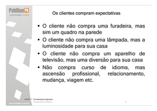 Os clientes compram expectativas

                      O cliente não compra uma furadeira, mas
                      sim um quadro na parede
                      O cliente não compra uma lâmpada, mas a
                      luminosidade para sua casa
                      O cliente não compra um aparelho de
                      televisão, mas uma diversão para sua casa
                      Não compra curso de idioma, mas
                      ascensão profissional, relacionamento,
                      mudança, viagem etc.


LEVITT, T. The Marketing Imagination
           TÉCNICAS DE VENDAS                                         14
 