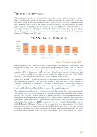 10
THE INTERNSHIP VALUE
This internship was also an opportunity for me to discover how an international company
has to continuously adapt and develop in order to maintain its leadership in various
technology fields. During the last several years, Alcatel-Lucent has been generating losses
in its financial reports. One of the reasons behind that is that radio technologies are more
or less deployed everywhere, and the industries are heading towards internet solutions for
telecommunicating and offering international services. To survive this era and adapt,
Alcatel-Lucent chose to invest more in new technologies, including Cloud Computing,
advanced IP Networking, IoT …etc.
In the beginning of 2015, and due to these catastrophic financial results, Alcatel-Lucent had
to go with the “Shift Plan”. This re-organization was put in place to come back to a positive
cash flow situation so the company can be seen as a good potential partner for bigger
companies. Due to that, some employees were released, some common departments and
services were brought down, change, or relocated. In April of the same year, Nokia
announced that it would acquire Alcatel-Lucent for €15.6 billion dollars.
Before 2015, the DIOTEC’s main business line was testing mobile chipsets, and developing
Inter-Operability projects. After the first quarter of the year, the Center changed its
strategy, and decided to enter the IoT Market, this decision was intentionally made to
strengthen its position and grow its market share by extending its services portfolio, making
it more stable which would also help it to survive the acquisition process.
The main line is to offer security tests on connected objects and their emerging protocols.
The process began by buying hundreds of commercialized connected objects and running
security tests on them. The next step was to prepare test plans and standard procedures, in
the purpose of developing this new test service. Later on, two Hackathons were organized,
participants were cyber security professionals and students from different schools and
universities. As a result, the DIOTEC security services were recognized and publicly known
in the IoT market. The goal of these newly introduced services, as mentioned before, is to
generate more profit, and guaranteeing that the DIOTEC team will be at the right place in
Nokia’s future organization. This responsibility became an additional motivation for me to
do my best -as an essential part of the team- for achieving the strategic goals of Mr. Coiffier.
16984 15157 15996 15327 14446 14436 13178
5173
524 334 1144 1374 1294
83
0
5000
10000
15000
20000
25000
2008 2009 2010 2011 2012 2013 2014
FINANCIAL SUMMARY
Revenues Loss
Figure 1: Financial summary [28]
 