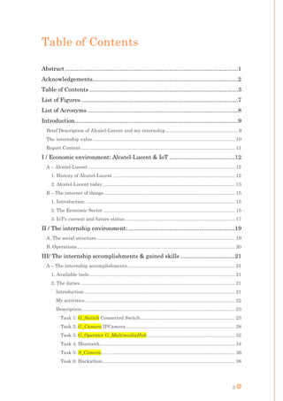 3
Table of Contents
Abstract ............................................................................................................1
Acknowledgements...........................................................................................2
Table of Contents .............................................................................................3
List of Figures ..................................................................................................7
List of Acronyms ..............................................................................................8
Introduction......................................................................................................9
Brief Description of Alcatel-Lucent and my internship....................................................... 9
The internship value ............................................................................................................ 10
Report Content ..................................................................................................................... 11
I / Economic environment: Alcatel-Lucent & IoT .........................................12
A – Alcatel-Lucent................................................................................................................ 12
1. History of Alcatel-Lucent ............................................................................................. 12
2. Alcatel-Lucent today..................................................................................................... 13
B – The internet of things.................................................................................................... 15
1. Introduction: ................................................................................................................. 15
2. The Economic Sector .................................................................................................... 15
3. IoT’s current and future status.................................................................................... 17
II / The internship environment:...................................................................19
A. The social structure ......................................................................................................... 19
B. Operations........................................................................................................................ 20
III/ The internship accomplishments & gained skills ..................................21
A – The internship accomplishments.................................................................................. 21
1. Available tools............................................................................................................... 21
2. The duties...................................................................................................................... 21
Introduction................................................................................................................... 21
My activities .................................................................................................................. 22
Description..................................................................................................................... 23
Task 1: G_Switch Connected Switch........................................................................ 23
Task 2: G_Camera IPCamera................................................................................... 28
Task 3: G_Operator G_MultimediaHub................................................................... 32
Task 4: Bluetooth....................................................................................................... 34
Task 5: S_Camera...................................................................................................... 36
Task 6: Hackathon..................................................................................................... 38
 