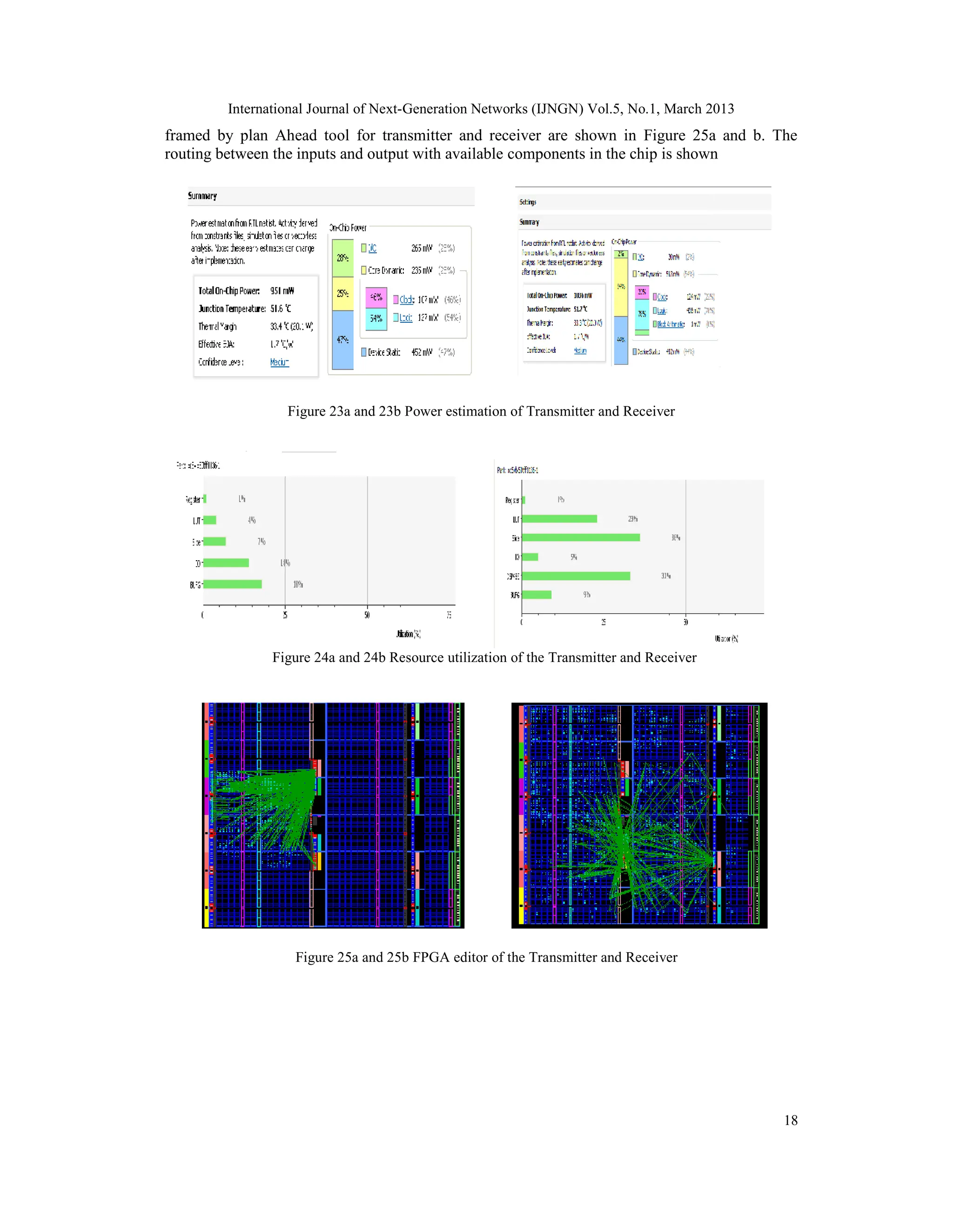 International Journal of Next-Generation Networks (IJNGN) Vol.5, No.1, March 2013
18
framed by plan Ahead tool for transmitter and receiver are shown in Figure 25a and b. The
routing between the inputs and output with available components in the chip is shown
Figure 23a and 23b Power estimation of Transmitter and Receiver
Figure 24a and 24b Resource utilization of the Transmitter and Receiver
Figure 25a and 25b FPGA editor of the Transmitter and Receiver
 