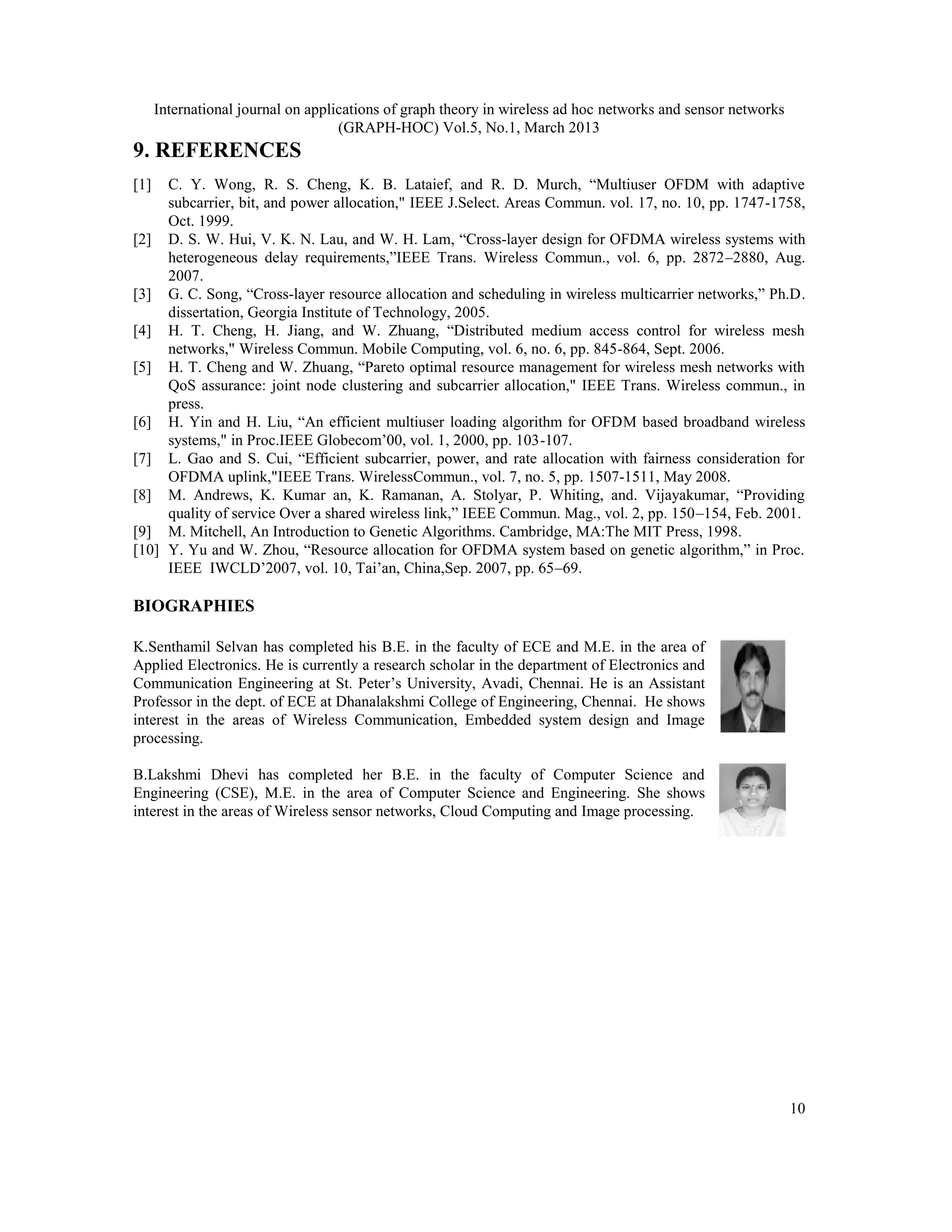 International journal on applications of graph theory in wireless ad hoc networks and sensor networks
                                    (GRAPH-HOC) Vol.5, No.1, March 2013
9. REFERENCES
[1]  C. Y. Wong, R. S. Cheng, K. B. Lataief, and R. D. Murch, “Multiuser OFDM with adaptive
     subcarrier, bit, and power allocation," IEEE J.Select. Areas Commun. vol. 17, no. 10, pp. 1747-1758,
     Oct. 1999.
[2] D. S. W. Hui, V. K. N. Lau, and W. H. Lam, “Cross-layer design for OFDMA wireless systems with
     heterogeneous delay requirements,”IEEE Trans. Wireless Commun., vol. 6, pp. 2872–2880, Aug.
     2007.
[3] G. C. Song, “Cross-layer resource allocation and scheduling in wireless multicarrier networks,” Ph.D.
     dissertation, Georgia Institute of Technology, 2005.
[4] H. T. Cheng, H. Jiang, and W. Zhuang, “Distributed medium access control for wireless mesh
     networks," Wireless Commun. Mobile Computing, vol. 6, no. 6, pp. 845-864, Sept. 2006.
[5] H. T. Cheng and W. Zhuang, “Pareto optimal resource management for wireless mesh networks with
     QoS assurance: joint node clustering and subcarrier allocation," IEEE Trans. Wireless commun., in
     press.
[6] H. Yin and H. Liu, “An efficient multiuser loading algorithm for OFDM based broadband wireless
     systems," in Proc.IEEE Globecom’00, vol. 1, 2000, pp. 103-107.
[7] L. Gao and S. Cui, “Efficient subcarrier, power, and rate allocation with fairness consideration for
     OFDMA uplink,"IEEE Trans. WirelessCommun., vol. 7, no. 5, pp. 1507-1511, May 2008.
[8] M. Andrews, K. Kumar an, K. Ramanan, A. Stolyar, P. Whiting, and. Vijayakumar, “Providing
     quality of service Over a shared wireless link,” IEEE Commun. Mag., vol. 2, pp. 150–154, Feb. 2001.
[9] M. Mitchell, An Introduction to Genetic Algorithms. Cambridge, MA:The MIT Press, 1998.
[10] Y. Yu and W. Zhou, “Resource allocation for OFDMA system based on genetic algorithm,” in Proc.
     IEEE IWCLD’2007, vol. 10, Tai’an, China,Sep. 2007, pp. 65–69.

BIOGRAPHIES

K.Senthamil Selvan has completed his B.E. in the faculty of ECE and M.E. in the area of
Applied Electronics. He is currently a research scholar in the department of Electronics and
Communication Engineering at St. Peter’s University, Avadi, Chennai. He is an Assistant
Professor in the dept. of ECE at Dhanalakshmi College of Engineering, Chennai. He shows
interest in the areas of Wireless Communication, Embedded system design and Image
processing.

B.Lakshmi Dhevi has completed her B.E. in the faculty of Computer Science and
Engineering (CSE), M.E. in the area of Computer Science and Engineering. She shows
interest in the areas of Wireless sensor networks, Cloud Computing and Image processing.




                                                                                                              10
 