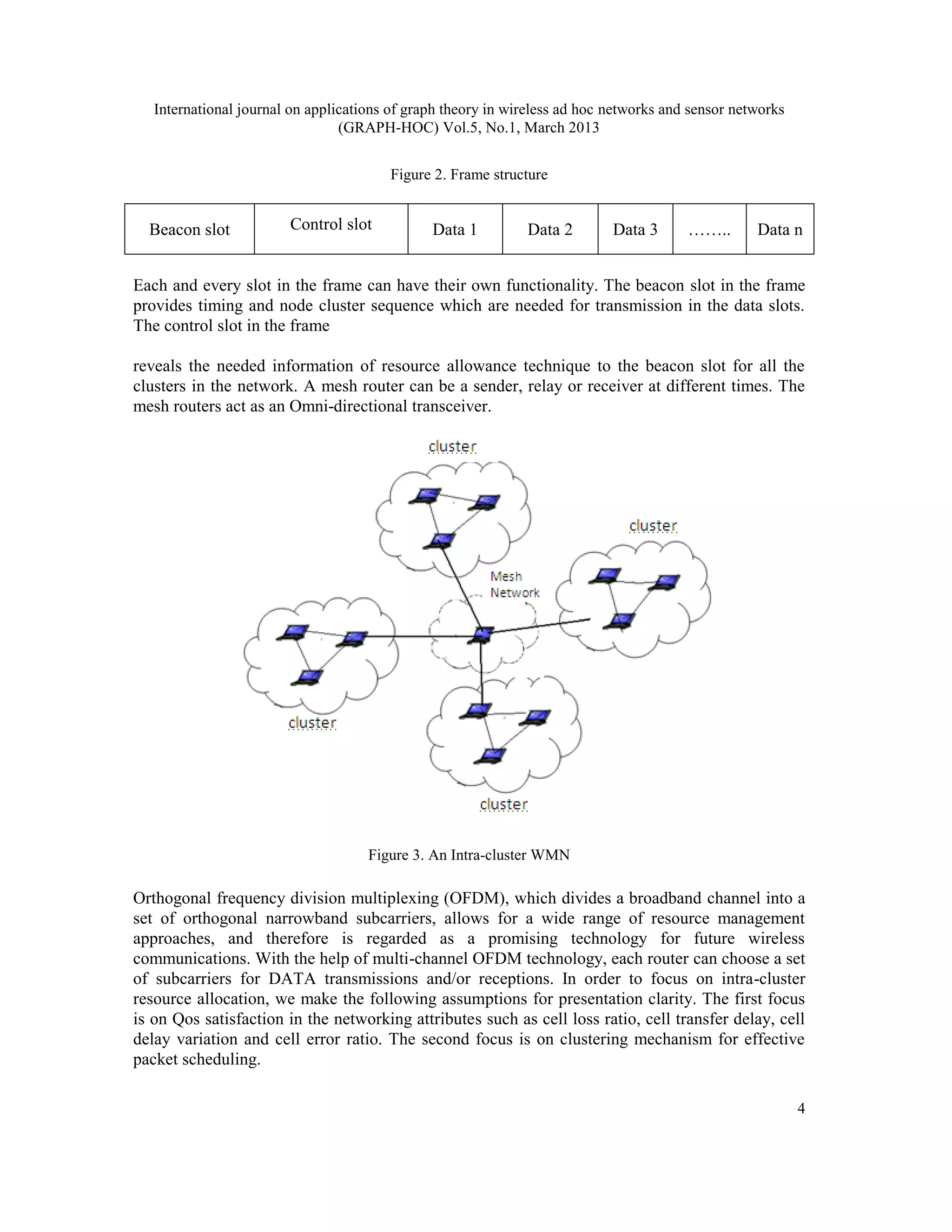 International journal on applications of graph theory in wireless ad hoc networks and sensor networks
                                 (GRAPH-HOC) Vol.5, No.1, March 2013


                                        Figure 2. Frame structure


  Beacon slot           Control slot           Data 1         Data 2        Data 3      ……..       Data n


Each and every slot in the frame can have their own functionality. The beacon slot in the frame
provides timing and node cluster sequence which are needed for transmission in the data slots.
The control slot in the frame

reveals the needed information of resource allowance technique to the beacon slot for all the
clusters in the network. A mesh router can be a sender, relay or receiver at different times. The
mesh routers act as an Omni-directional transceiver.




                                     Figure 3. An Intra-cluster WMN

Orthogonal frequency division multiplexing (OFDM), which divides a broadband channel into a
set of orthogonal narrowband subcarriers, allows for a wide range of resource management
approaches, and therefore is regarded as a promising technology for future wireless
communications. With the help of multi-channel OFDM technology, each router can choose a set
of subcarriers for DATA transmissions and/or receptions. In order to focus on intra-cluster
resource allocation, we make the following assumptions for presentation clarity. The first focus
is on Qos satisfaction in the networking attributes such as cell loss ratio, cell transfer delay, cell
delay variation and cell error ratio. The second focus is on clustering mechanism for effective
packet scheduling.

                                                                                                           4
 
