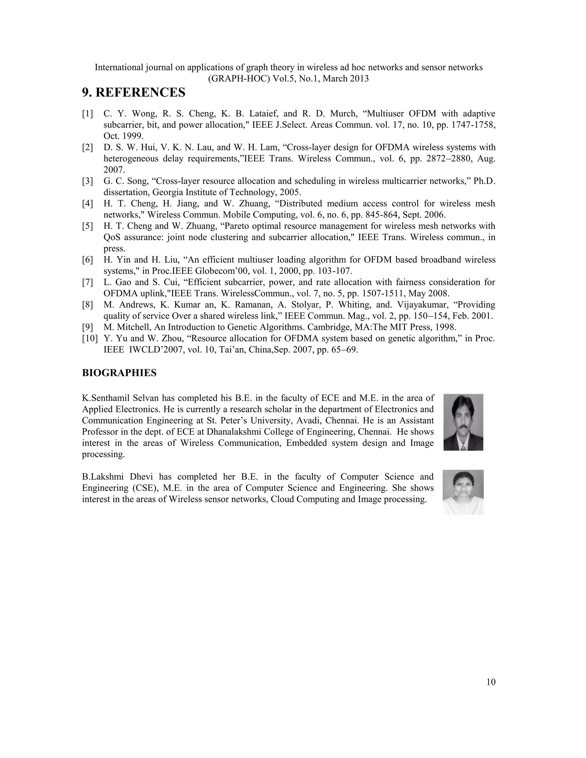 International journal on applications of graph theory in wireless ad hoc networks and sensor networks
(GRAPH-HOC) Vol.5, No.1, March 2013
10
9. REFERENCES
[1] C. Y. Wong, R. S. Cheng, K. B. Lataief, and R. D. Murch, “Multiuser OFDM with adaptive
subcarrier, bit, and power allocation," IEEE J.Select. Areas Commun. vol. 17, no. 10, pp. 1747-1758,
Oct. 1999.
[2] D. S. W. Hui, V. K. N. Lau, and W. H. Lam, “Cross-layer design for OFDMA wireless systems with
heterogeneous delay requirements,”IEEE Trans. Wireless Commun., vol. 6, pp. 2872–2880, Aug.
2007.
[3] G. C. Song, “Cross-layer resource allocation and scheduling in wireless multicarrier networks,” Ph.D.
dissertation, Georgia Institute of Technology, 2005.
[4] H. T. Cheng, H. Jiang, and W. Zhuang, “Distributed medium access control for wireless mesh
networks," Wireless Commun. Mobile Computing, vol. 6, no. 6, pp. 845-864, Sept. 2006.
[5] H. T. Cheng and W. Zhuang, “Pareto optimal resource management for wireless mesh networks with
QoS assurance: joint node clustering and subcarrier allocation," IEEE Trans. Wireless commun., in
press.
[6] H. Yin and H. Liu, “An efficient multiuser loading algorithm for OFDM based broadband wireless
systems," in Proc.IEEE Globecom’00, vol. 1, 2000, pp. 103-107.
[7] L. Gao and S. Cui, “Efficient subcarrier, power, and rate allocation with fairness consideration for
OFDMA uplink,"IEEE Trans. WirelessCommun., vol. 7, no. 5, pp. 1507-1511, May 2008.
[8] M. Andrews, K. Kumar an, K. Ramanan, A. Stolyar, P. Whiting, and. Vijayakumar, “Providing
quality of service Over a shared wireless link,” IEEE Commun. Mag., vol. 2, pp. 150–154, Feb. 2001.
[9] M. Mitchell, An Introduction to Genetic Algorithms. Cambridge, MA:The MIT Press, 1998.
[10] Y. Yu and W. Zhou, “Resource allocation for OFDMA system based on genetic algorithm,” in Proc.
IEEE IWCLD’2007, vol. 10, Tai’an, China,Sep. 2007, pp. 65–69.
BIOGRAPHIES
K.Senthamil Selvan has completed his B.E. in the faculty of ECE and M.E. in the area of
Applied Electronics. He is currently a research scholar in the department of Electronics and
Communication Engineering at St. Peter’s University, Avadi, Chennai. He is an Assistant
Professor in the dept. of ECE at Dhanalakshmi College of Engineering, Chennai. He shows
interest in the areas of Wireless Communication, Embedded system design and Image
processing.
B.Lakshmi Dhevi has completed her B.E. in the faculty of Computer Science and
Engineering (CSE), M.E. in the area of Computer Science and Engineering. She shows
interest in the areas of Wireless sensor networks, Cloud Computing and Image processing.
 