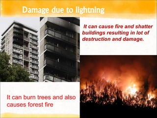Damage due to lightning
It can cause fire and shatter
buildings resulting in lot of
destruction and damage.
It can burn trees and also
causes forest fire
 