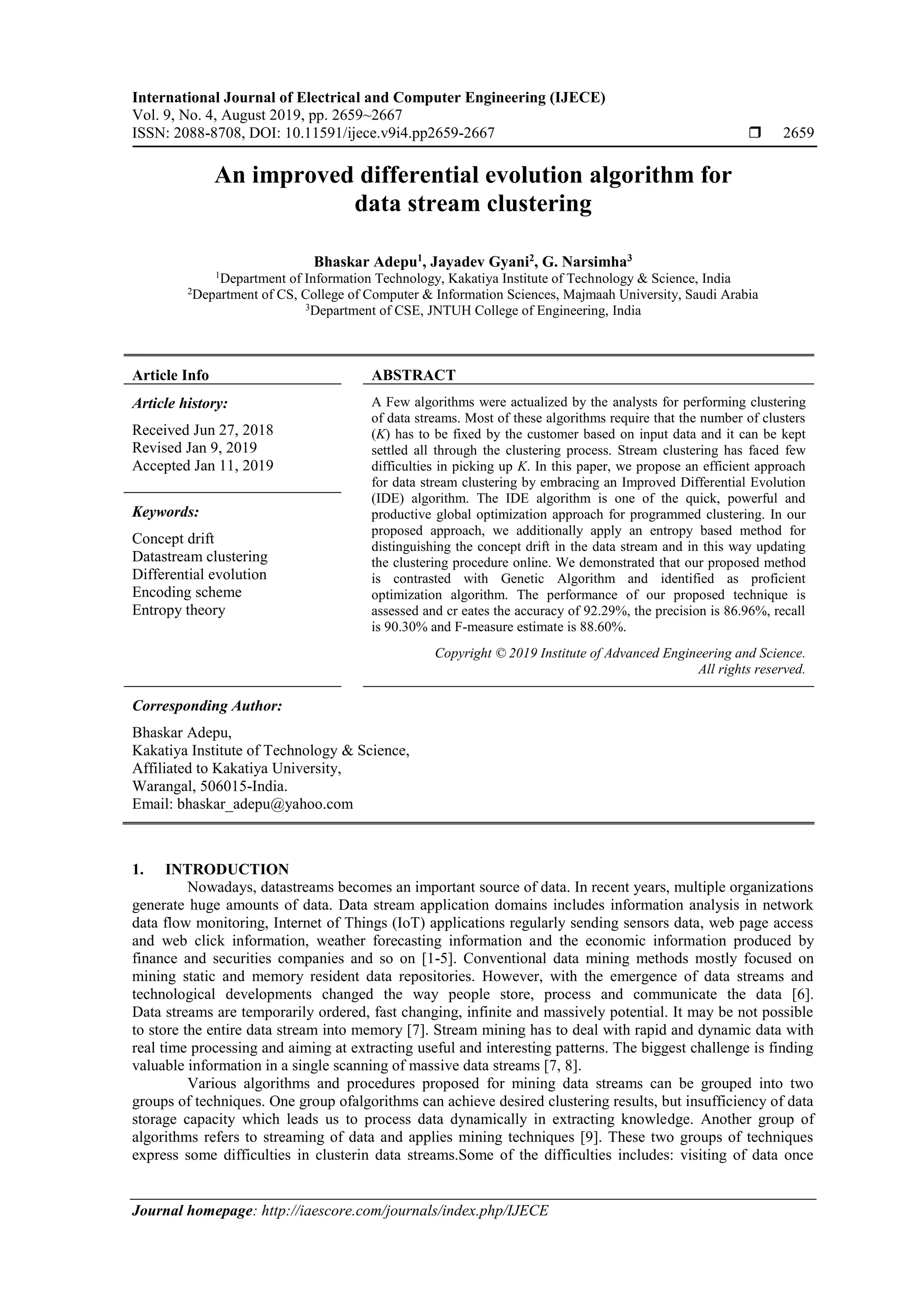 An Improved Differential Evolution Algorithm for Data Stream Clustering ...