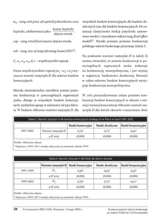 wk – (ang. unit price of capital) jednostkowa cena 
kapitału, zdefiniowana jako: 
cap – (ang. total fixed assets) aktywa trwałe, 
oth – (ang. size of nonperforming loans) NPL43, 
C, a1, a2, a3, d, e – współczynniki regresji. 
Suma współczynników regresji (a1+a2+a3) wy-znacza 
wartość statystyki H dla sektora banków 
komercyjnych. 
Metoda niestrukturalna umożliwia pomiar pozio-mu 
konkurencji w poszczególnych segmentach 
rynku, dlatego ze wszystkich banków komercyj-nych, 
wydzielono grupy w zależności od typu klien-ta. 
W badaniu obliczono wartości statystyki H: dla 
wszystkich banków komercyjnych, dla banków de-talicznych 
oraz dla banków korporacyjnych. Do es-tymacji 
elastyczności funkcji przychodu zastoso-wano 
model z czynnikami stałymi (ang. fixed effect 
model)51. Wyniki pomiaru poziomu konkurencji 
polskiego sektora bankowego prezentuje tabela 5. 
Na podstawie wartości statystyki H (z tabeli 5) 
można stwierdzić, że poziom konkurencji w po-szczególnych 
segmentach rynku wskazuje 
na konkurencję monopolistyczną i jest wyższy 
w segmencie bankowości detalicznej. Również 
w całym sektorze banków komercyjnych wystę-puje 
konkurencja monopolistyczna. 
W celu przeanalizowania zmian poziomu kon-kurencji 
banków komercyjnych w okresie o niż-szej 
i wyższej koncentracji obliczono wartość sta-tystyki 
H dla dwóch okresów i oszacowano dwie 
, koszty kapitału 
aktywa trwałe 
Tabela 5.Wartość statystyki H dla banków komercyjnych działających w Polsce w latach 1997-2003 
Banki komercyjne Banki detaliczne Banki korporacyjne 
1997-2003 Wartości statystyki H 0,741 0,731 0,661 
p (F-test) (0,000) (0,000) (0,000) 
Wartości statystyki H Banki komercyjne Banki detaliczne Banki korporacyjne 
1997–1999 H1 0,491 0,641 0,451 
p (F-test) (0,000) (0,000) (0,000) 
1999-2003 H2 0,781 0,721 0,611 
p (F-test) (0,000) (0,000) (0,000) 
38 76 seminarium BRE-CASE, Warszawa, 3 lutego 2005 r. Konkurencyjność sektora bankowego 
po wejściu Polski do Unii Europejskiej 
Źródło: obliczenia własne. 
1 Hipoteza o H=0 i H=1 została odrzucona na poziomie ufności 99,9. 
Tabela 6.Wartość statystyki H dla Polski dla dwóch okresów 
Źródło: obliczenia własne. 
1 Hipoteza o H=0 i H=1 została odrzucona na poziomie ufności 99,9. 
 