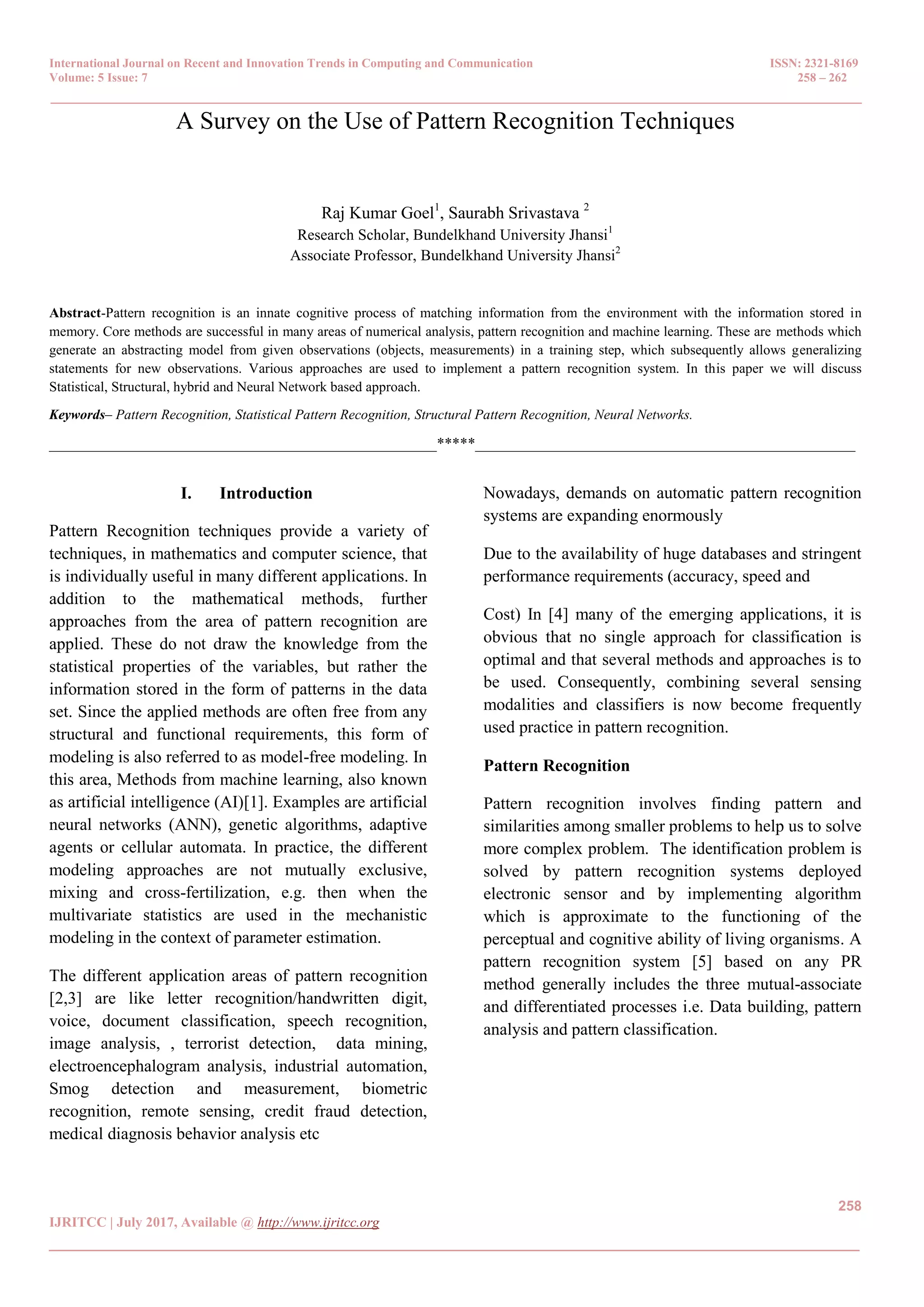 A Survey on the Use of Pattern Recognition Techniques | PDF ...