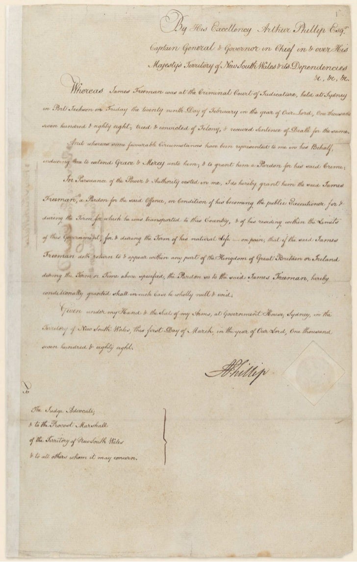 1788 The first pardon granted to James Freeman