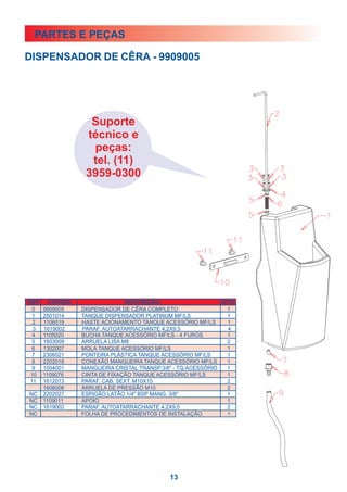 PARTES E PEÇAS

DISPENSADOR DE CÊRA - 9909005




                 Suporte
                técnico e
                 peças:
                 tel. (11)
                3959-0300




 0   9909005   DISPENSADOR DE CÊRA COMPLETO                   1
 1   2501014   TANQUE DISPENSADOR PLATINUM MF/LS              1
 2   1106019   HASTE ACIONAMENTO TANQUE ACESSÓRIO MF/LS       1
 3   1619002   PARAF. AUTOATARRACHANTE 4,2X9,5                4
 4   1105020   BUCHA TANQUE ACESSÓRIO MF/LS - 4 FUROS         1
 5   1603009   ARRUELA LISA M8                                2
 6   1302007   MOLA TANQUE ACESSÓRIO MF/LS                    1
 7   2306021   PONTEIRA PLÁSTICA TANQUE ACESSÓRIO MF/LS       1
 8   2202018   CONEXÃO MANGUEIRA TANQUE ACESSÓRIO MF/LS       1
 9   1004001   MANGUEIRA CRISTAL TRANSP.3/8" - TQ.ACESSÓRIO   1
10   1109076   CINTA DE FIXAÇÃO TANQUE ACESSÓRIO MF/LS        1
11   1612013   PARAF. CAB. SEXT. M10X15                       2
     1606006   ARRUELA DE PRESSÃO M10                         2
NC   2202027   ESPIGÃO LATÃO 1/4" BSP MANG. 3/8"              1
NC   1109011   APOIO                                          1
NC   1619002   PARAF. AUTOATARRACHANTE 4,2X9,5                2
NC             FOLHA DE PROCEDIMENTOS DE INSTALAÇÃO           1




                                           13
 