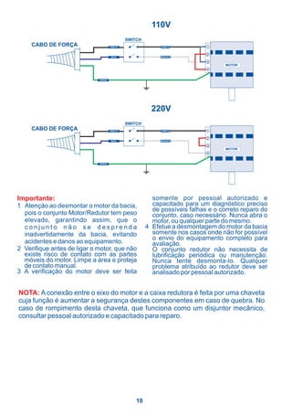 110V
                                             SWITCH
     CABO DE FORÇA                   PRETO                 PRETO           1
                                                                           2
                                     AZUL                  BRANCO

                                                                           3
                                                                                  MOTOR
                                                                           4

                             VERDE




                                                        220V
                                             SWITCH
     CABO DE FORÇA                   PRETO                 PRETO           1
                                                                           2
                                     AZUL                  BRANCO

                                                                           3
                                                                                  MOTOR
                                                                           4

                             VERDE




Importante:                                             somente por pessoal autorizado e
1 Atenção ao desmontar o motor da bacia,                capacitado para um diagnóstico preciso
                                                        de possíveis falhas e o correto reparo do
  pois o conjunto Motor/Redutor tem peso                conjunto, caso necessário. Nunca abra o
  elevado, garantindo assim, que o                      motor, ou qualquer parte do mesmo.
  conjunto não se desprenda                           4 Efetue a desmontagem do motor da bacia
  inadvertidamente da bacia, evitando                   somente nos casos onde não for possível
                                                        o envio do equipamento completo para
  acidentes e danos ao equipamento.                     avaliação.
2 Verifique antes de ligar o motor, que não             O conjunto redutor não necessita de
  existe risco de contato com as partes                 lubrificação periódica ou manutenção.
  móveis do motor. Limpe a área e proteja               Nunca tente desmonta-lo. Qualquer
  de contato manual.                                    problema atribuído ao redutor deve ser
3 A verificação do motor deve ser feita                 analisado por pessoal autorizado.


NOTA: A conexão entre o eixo do motor e a caixa redutora é feita por uma chaveta
cuja função é aumentar a segurança destes componentes em caso de quebra. No
caso de rompimento desta chaveta, que funciona como um disjuntor mecânico,
consultar pessoal autorizado e capacitado para reparo.




                                                 18
 