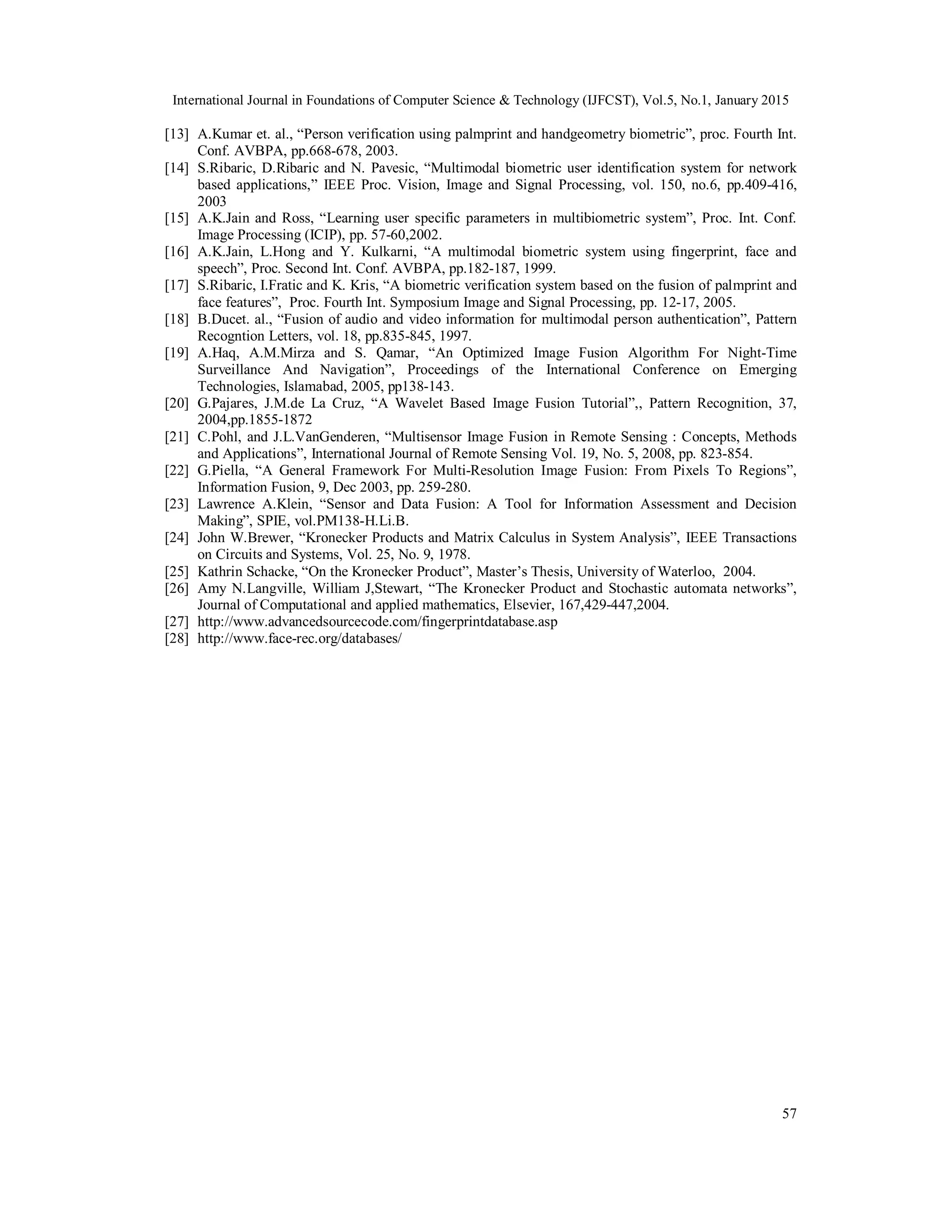 International Journal in Foundations of Computer Science & Technology (IJFCST), Vol.5, No.1, January 2015 57 [13] A.Kumar et. al., “Person verification using palmprint and handgeometry biometric”, proc. Fourth Int. Conf. AVBPA, pp.668-678, 2003. [14] S.Ribaric, D.Ribaric and N. Pavesic, “Multimodal biometric user identification system for network based applications,” IEEE Proc. Vision, Image and Signal Processing, vol. 150, no.6, pp.409-416, 2003 [15] A.K.Jain and Ross, “Learning user specific parameters in multibiometric system”, Proc. Int. Conf. Image Processing (ICIP), pp. 57-60,2002. [16] A.K.Jain, L.Hong and Y. Kulkarni, “A multimodal biometric system using fingerprint, face and speech”, Proc. Second Int. Conf. AVBPA, pp.182-187, 1999. [17] S.Ribaric, I.Fratic and K. Kris, “A biometric verification system based on the fusion of palmprint and face features”, Proc. Fourth Int. Symposium Image and Signal Processing, pp. 12-17, 2005. [18] B.Ducet. al., “Fusion of audio and video information for multimodal person authentication”, Pattern Recogntion Letters, vol. 18, pp.835-845, 1997. [19] A.Haq, A.M.Mirza and S. Qamar, “An Optimized Image Fusion Algorithm For Night-Time Surveillance And Navigation”, Proceedings of the International Conference on Emerging Technologies, Islamabad, 2005, pp138-143. [20] G.Pajares, J.M.de La Cruz, “A Wavelet Based Image Fusion Tutorial”,, Pattern Recognition, 37, 2004,pp.1855-1872 [21] C.Pohl, and J.L.VanGenderen, “Multisensor Image Fusion in Remote Sensing : Concepts, Methods and Applications”, International Journal of Remote Sensing Vol. 19, No. 5, 2008, pp. 823-854. [22] G.Piella, “A General Framework For Multi-Resolution Image Fusion: From Pixels To Regions”, Information Fusion, 9, Dec 2003, pp. 259-280. [23] Lawrence A.Klein, “Sensor and Data Fusion: A Tool for Information Assessment and Decision Making”, SPIE, vol.PM138-H.Li.B. [24] John W.Brewer, “Kronecker Products and Matrix Calculus in System Analysis”, IEEE Transactions on Circuits and Systems, Vol. 25, No. 9, 1978. [25] Kathrin Schacke, “On the Kronecker Product”, Master’s Thesis, University of Waterloo, 2004. [26] Amy N.Langville, William J,Stewart, “The Kronecker Product and Stochastic automata networks”, Journal of Computational and applied mathematics, Elsevier, 167,429-447,2004. [27] http://www.advancedsourcecode.com/fingerprintdatabase.asp [28] http://www.face-rec.org/databases/ 