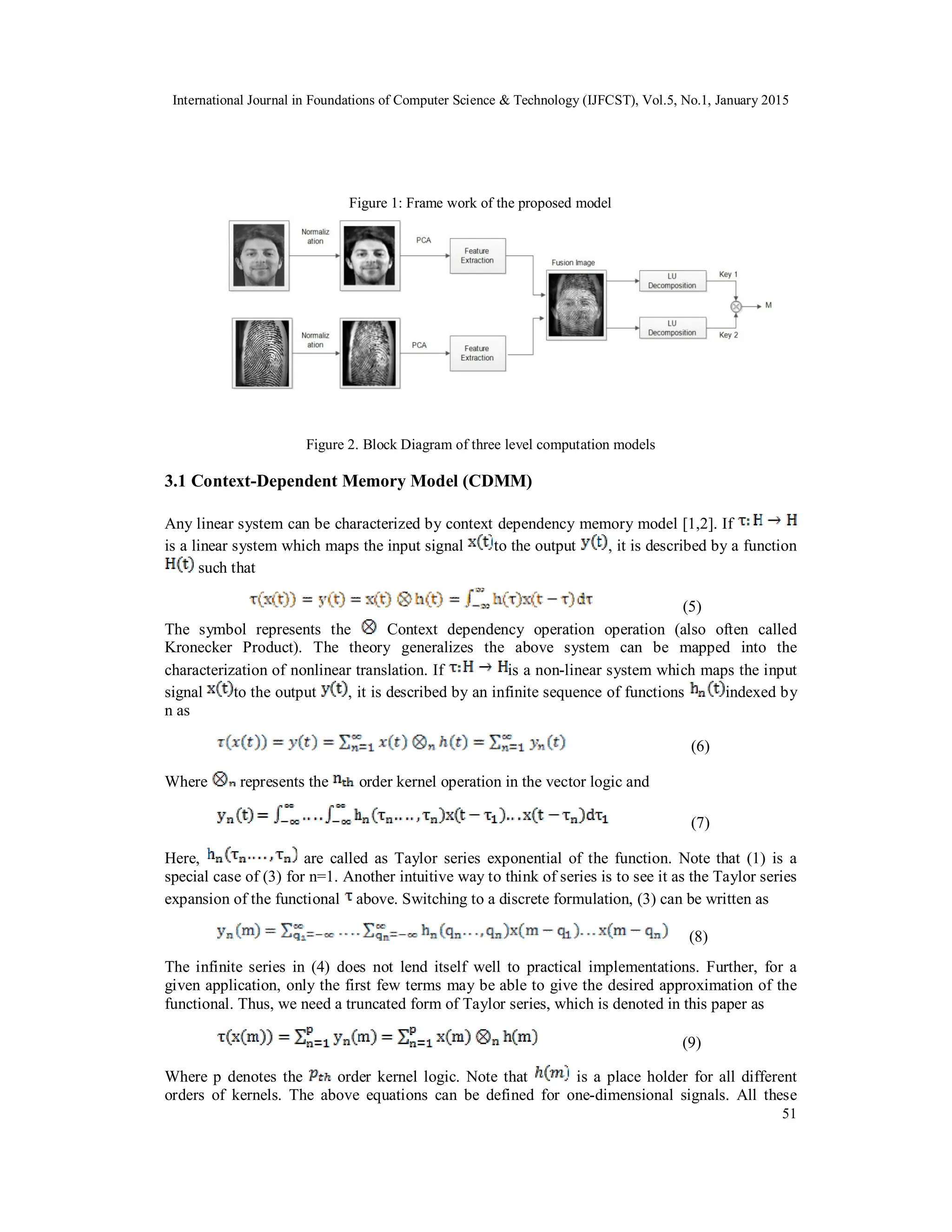 International Journal in Foundations of Computer Science & Technology (IJFCST), Vol.5, No.1, January 2015 51 Figure 1: Frame work of the proposed model Figure 2. Block Diagram of three level computation models 3.1 Context-Dependent Memory Model (CDMM) Any linear system can be characterized by context dependency memory model [1,2]. If is a linear system which maps the input signal to the output , it is described by a function such that (5) The symbol represents the Context dependency operation operation (also often called Kronecker Product). The theory generalizes the above system can be mapped into the characterization of nonlinear translation. If is a non-linear system which maps the input signal to the output , it is described by an infinite sequence of functions indexed by n as (6) Where represents the order kernel operation in the vector logic and (7) Here, are called as Taylor series exponential of the function. Note that (1) is a special case of (3) for n=1. Another intuitive way to think of series is to see it as the Taylor series expansion of the functional above. Switching to a discrete formulation, (3) can be written as (8) The infinite series in (4) does not lend itself well to practical implementations. Further, for a given application, only the first few terms may be able to give the desired approximation of the functional. Thus, we need a truncated form of Taylor series, which is denoted in this paper as (9) Where p denotes the order kernel logic. Note that is a place holder for all different orders of kernels. The above equations can be defined for one-dimensional signals. All these 