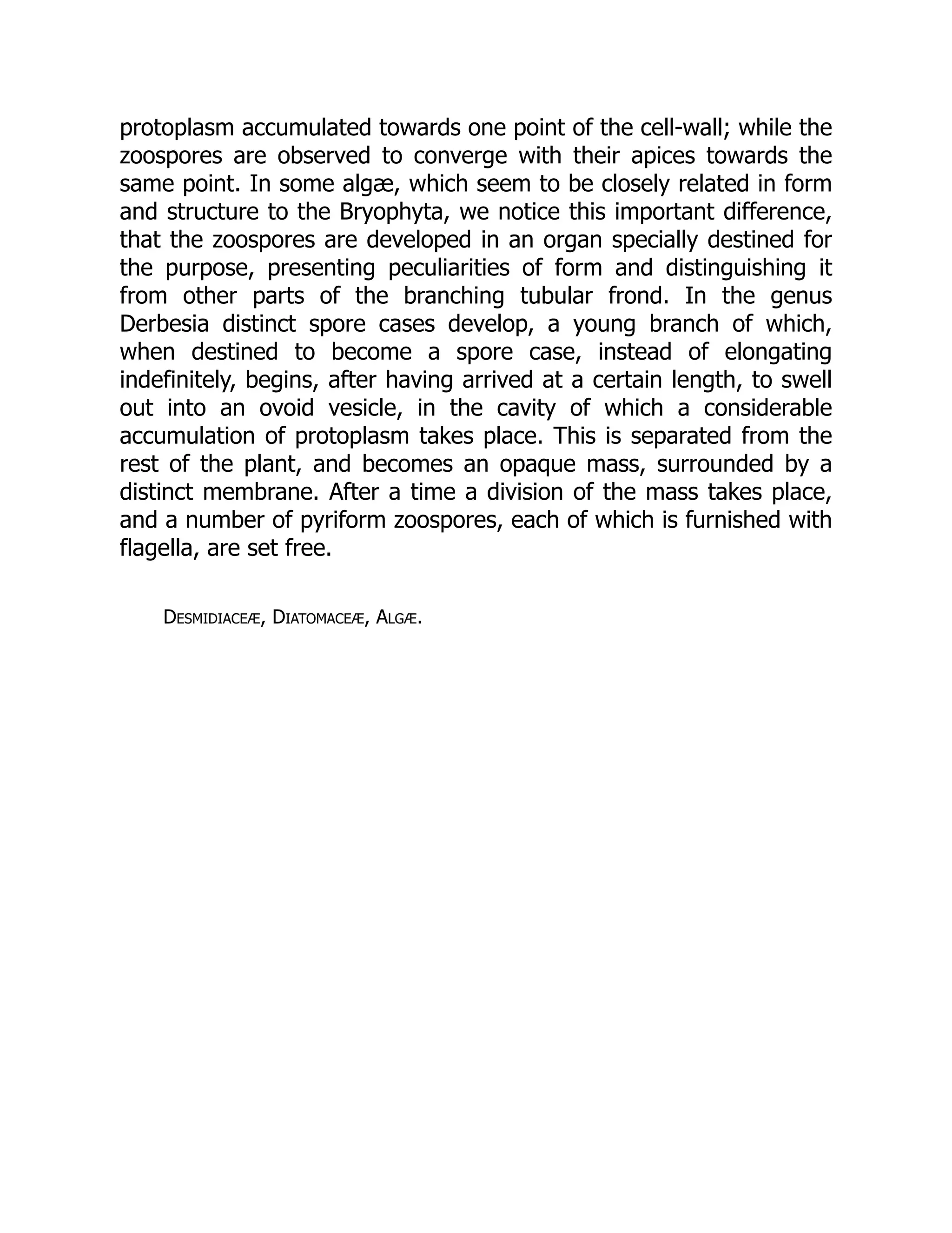 protoplasm accumulated towards one point of the cell-wall; while the zoospores are observed to converge with their apices towards the same point. In some algæ, which seem to be closely related in form and structure to the Bryophyta, we notice this important difference, that the zoospores are developed in an organ specially destined for the purpose, presenting peculiarities of form and distinguishing it from other parts of the branching tubular frond. In the genus Derbesia distinct spore cases develop, a young branch of which, when destined to become a spore case, instead of elongating indefinitely, begins, after having arrived at a certain length, to swell out into an ovoid vesicle, in the cavity of which a considerable accumulation of protoplasm takes place. This is separated from the rest of the plant, and becomes an opaque mass, surrounded by a distinct membrane. After a time a division of the mass takes place, and a number of pyriform zoospores, each of which is furnished with flagella, are set free. Desmidiaceæ, Diatomaceæ, Algæ. 
