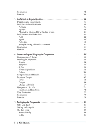 Conclusion 32
Exercise 33
3. Useful Built-In Angular Directives. . . . . . . . . . . . . . . . . . . . . . . . . . . . . . . . . . . . . . . . . . . . . 35
Directives and Components 35
Built-In Attribute Directives 36
NgClass 36
NgStyle 40
Alternative Class and Style Binding Syntax 41
Built-In Structural Directives 42
NgIf 44
NgFor 45
NgSwitch 50
Multiple Sibling Structural Directives 51
Conclusion 51
Exercise 52
4. Understanding and Using Angular Components. . . . . . . . . . . . . . . . . . . . . . . . . . . . . . . . . 53
Components—A Recap 53
Defining a Component 54
Selector 54
Template 55
Styles 56
Style Encapsulation 58
Others 59
Components and Modules 61
Input and Output 62
Input 62
Output 64
Change Detection 67
Component Lifecycle 71
Interfaces and Functions 72
View Projection 77
Conclusion 79
Exercise 79
5. Testing Angular Components. . . . . . . . . . . . . . . . . . . . . . . . . . . . . . . . . . . . . . . . . . . . . . . . . 81
Why Unit Test? 81
Testing and Angular 82
The Test Setup 83
Karma Config 84
test.ts 85
iv | Table of Contents
 