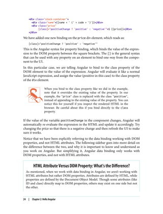 <div class="stock-container">
<div class="name">{{name + ' (' + code + ')'}}</div>
<div class="price"
[class]="positiveChange ? 'positive' : 'negative'">$ {{price}}</div>
</div>
We have added one new binding on the price div element, which reads as:
[class]="positiveChange ? 'positive' : 'negative'"
This is the Angular syntax for property binding, which binds the value of the expres‐
sion to the DOM property between the square brackets. The [] is the general syntax
that can be used with any property on an element to bind one-way from the compo‐
nent to the UI.
In this particular case, we are telling Angular to bind to the class property of the
DOM element to the value of the expression. Angular will evaluate it like a normal
JavaScript expression, and assign the value (positive in this case) to the class property
of the div element.
When you bind to the class property like we did in the example,
note that it overrides the existing value of the property. In our
example, the "price" class is replaced with the class "positive",
instead of appending to the existing value of the property. You can
notice this for yourself if you inspect the rendered HTML in the
browser. Be careful about this if you bind directly to the class
property.
If the value of the variable positiveChange in the component changes, Angular will
automatically re-evaluate the expression in the HTML and update it accordingly. Try
changing the price so that there is a negative change and then refresh the UI to make
sure it works.
Notice that we have been explicitly referring to the data binding working with DOM
properties, and not HTML attributes. The following sidebar goes into more detail on
the difference between the two, and why it is important to know and understand as
you work on Angular. But simplifying it, Angular data binding only works with
DOM properties, and not with HTML attributes.
HTML Attribute Versus DOM Property: What’s the Difference?
As mentioned, when we work with data binding in Angular, we aren’t working with
HTML attributes but rather DOM properties. Attributes are defined by HTML, while
properties are defined by the Document Object Model. Though some attributes (like
ID and class) directly map to DOM properties, others may exist on one side but not
the other.
24 | Chapter 2: Hello Angular
 