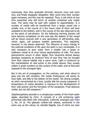 exclusively, then they gradually diminish, become more and more
rare, and finally disappear altogether. After some time their number
again increases, and this may be repeated. Thus, a cell which at one
time presented only still forms at another contained only motile
ones. The same may be said with respect to segmentation. If a
number of motile cells be transferred from a larger vessel into a
smaller one, in the course of a few hours most of them will have
subsided to the bottom, and in the course of the day observed to be
on the point of sub-division. On the following morning division will
have become completed; on the next day the bottom of the vessel
will be found covered with a new generation of self-dividing cells,
which, again, will produce another generation. This regularity,
however, is not always observed. The influence of every change in
the external conditions of life upon the plant is very remarkable. It is
only necessary to pour water from a smaller into a larger or
shallower vessel to at once induce segmentation of cells. The same
phenomenon occurs in other algals; thus Vaucheria almost always
develops zoospores at whatever time of year they may be brought
from their natural habitat into a warm room. Light is conducive to
the manifestation of vital action in the motile spores; they usually
collect in great numbers on the surface of the water, and at that part
exposed to the strongest light.
But in the act of propagation, on the contrary, and when about to
pass into the still condition, the motile Protococcus cell seems to
shun light, and falls to the bottom of the vessel. Too strong sunlight,
as when concentrated by a lens, quickly kills the young zoospores. A
temperature of undue elevation is injurious to the development of
their vital activity and the formation of the zoospores. Frost destroys
motile, but not still zoospores.55
Stephanosphæra pluvialis is a conspicuous variety of the fresh-water
algals, described by Cohn. It consists of a cell containing eight
primordial cells filled with chlorophyll, uniformly arranged (see Plate
I., No. 24 d). The globular mother-cell rotates, somewhat in the
same way as the volvox, by vibratile flagella, two of which are seen
 