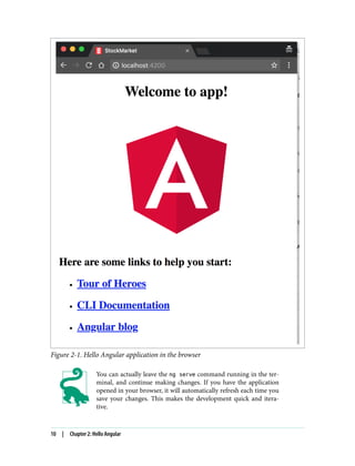 Figure 2-1. Hello Angular application in the browser
You can actually leave the ng serve command running in the ter‐
minal, and continue making changes. If you have the application
opened in your browser, it will automatically refresh each time you
save your changes. This makes the development quick and itera‐
tive.
10 | Chapter 2: Hello Angular
 