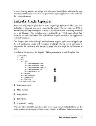 In the following section, we will go into a bit more detail about what exactly hap‐
pened under the covers to see how the generated Angular application works and what
the various pieces are.
Basics of an Angular Application
At its core, any Angular application is still a Single-Page Application (SPA), and thus
its loading is triggered by a main request to the server. When we open any URL in
our browser, the very first request is made to our server (which is running within ng
serve in this case). This initial request is satisfied by an HTML page, which then
loads the necessary JavaScript files to load both Angular as well as our application
code and templates.
One thing to note is that although we develop our Angular application in TypeScript,
the web application works with transpiled JavaScript. The ng serve command is
responsible for translating our TypeScript code into JavaScript for the browser to
load.
If we look at the structure the Angular CLI has generated, it is something like this:
stock-market
+----e2e
+----src
+----app
+----app.component.css
+----app.component.html
+----app.component.spec.ts
+----app.component.ts
+----app.module.ts
+----assets
+----environments
+----index.html
+----main.ts
+----.angular-cli.json
Root component
Main module
Root HTML
Entry point
Angular CLI config
There are a few more files than listed here in the stock-market folder, but these are the
major ones we are going to focus on in this chapter. In addition, there are unit tests,
Basics of an Angular Application | 11
 