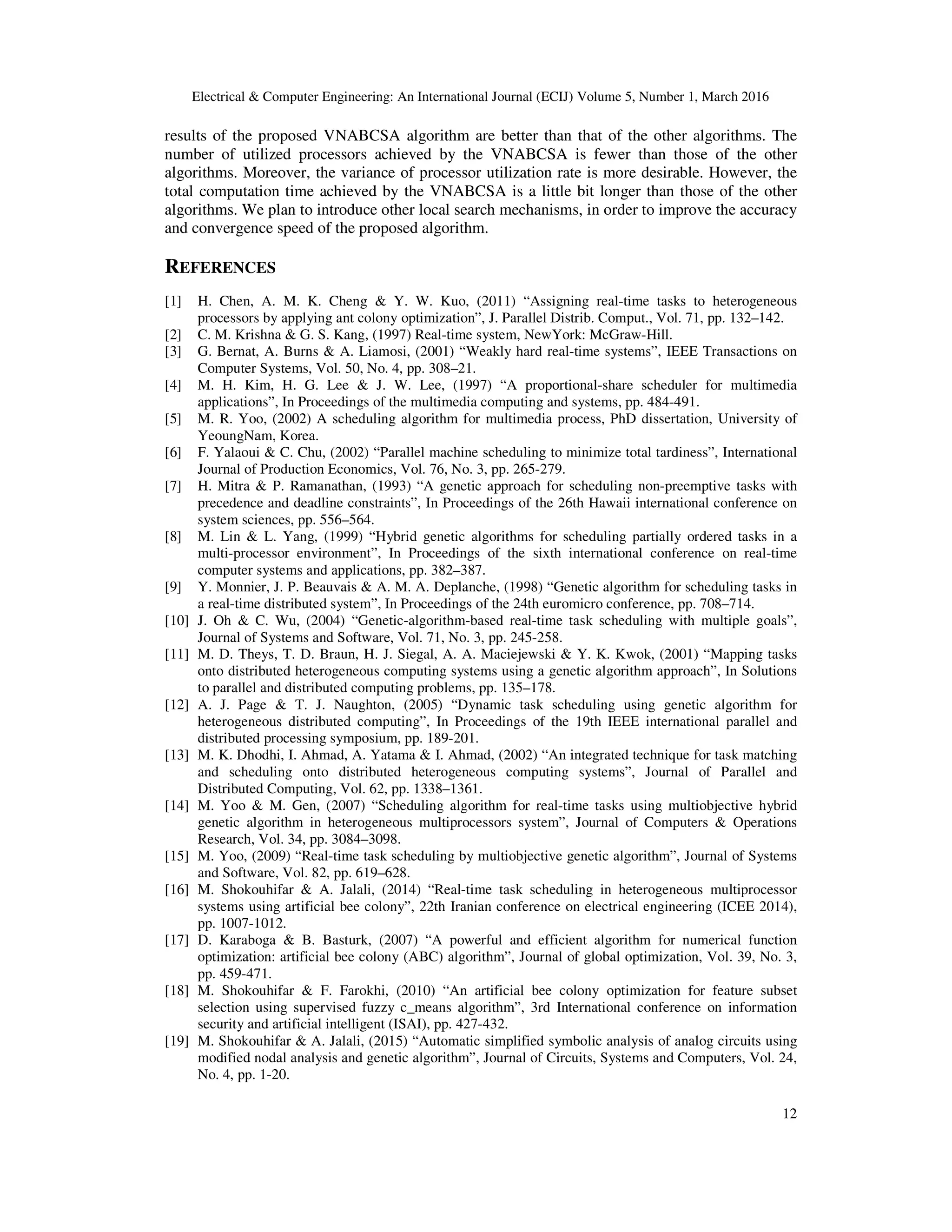 Electrical & Computer Engineering: An International Journal (ECIJ) Volume 5, Number 1, March 2016
12
results of the proposed VNABCSA algorithm are better than that of the other algorithms. The
number of utilized processors achieved by the VNABCSA is fewer than those of the other
algorithms. Moreover, the variance of processor utilization rate is more desirable. However, the
total computation time achieved by the VNABCSA is a little bit longer than those of the other
algorithms. We plan to introduce other local search mechanisms, in order to improve the accuracy
and convergence speed of the proposed algorithm.
REFERENCES
[1] H. Chen, A. M. K. Cheng & Y. W. Kuo, (2011) “Assigning real-time tasks to heterogeneous
processors by applying ant colony optimization”, J. Parallel Distrib. Comput., Vol. 71, pp. 132–142.
[2] C. M. Krishna & G. S. Kang, (1997) Real-time system, NewYork: McGraw-Hill.
[3] G. Bernat, A. Burns & A. Liamosi, (2001) “Weakly hard real-time systems”, IEEE Transactions on
Computer Systems, Vol. 50, No. 4, pp. 308–21.
[4] M. H. Kim, H. G. Lee & J. W. Lee, (1997) “A proportional-share scheduler for multimedia
applications”, In Proceedings of the multimedia computing and systems, pp. 484-491.
[5] M. R. Yoo, (2002) A scheduling algorithm for multimedia process, PhD dissertation, University of
YeoungNam, Korea.
[6] F. Yalaoui & C. Chu, (2002) “Parallel machine scheduling to minimize total tardiness”, International
Journal of Production Economics, Vol. 76, No. 3, pp. 265-279.
[7] H. Mitra & P. Ramanathan, (1993) “A genetic approach for scheduling non-preemptive tasks with
precedence and deadline constraints”, In Proceedings of the 26th Hawaii international conference on
system sciences, pp. 556–564.
[8] M. Lin & L. Yang, (1999) “Hybrid genetic algorithms for scheduling partially ordered tasks in a
multi-processor environment”, In Proceedings of the sixth international conference on real-time
computer systems and applications, pp. 382–387.
[9] Y. Monnier, J. P. Beauvais & A. M. A. Deplanche, (1998) “Genetic algorithm for scheduling tasks in
a real-time distributed system”, In Proceedings of the 24th euromicro conference, pp. 708–714.
[10] J. Oh & C. Wu, (2004) “Genetic-algorithm-based real-time task scheduling with multiple goals”,
Journal of Systems and Software, Vol. 71, No. 3, pp. 245-258.
[11] M. D. Theys, T. D. Braun, H. J. Siegal, A. A. Maciejewski & Y. K. Kwok, (2001) “Mapping tasks
onto distributed heterogeneous computing systems using a genetic algorithm approach”, In Solutions
to parallel and distributed computing problems, pp. 135–178.
[12] A. J. Page & T. J. Naughton, (2005) “Dynamic task scheduling using genetic algorithm for
heterogeneous distributed computing”, In Proceedings of the 19th IEEE international parallel and
distributed processing symposium, pp. 189-201.
[13] M. K. Dhodhi, I. Ahmad, A. Yatama & I. Ahmad, (2002) “An integrated technique for task matching
and scheduling onto distributed heterogeneous computing systems”, Journal of Parallel and
Distributed Computing, Vol. 62, pp. 1338–1361.
[14] M. Yoo & M. Gen, (2007) “Scheduling algorithm for real-time tasks using multiobjective hybrid
genetic algorithm in heterogeneous multiprocessors system”, Journal of Computers & Operations
Research, Vol. 34, pp. 3084–3098.
[15] M. Yoo, (2009) “Real-time task scheduling by multiobjective genetic algorithm”, Journal of Systems
and Software, Vol. 82, pp. 619–628.
[16] M. Shokouhifar & A. Jalali, (2014) “Real-time task scheduling in heterogeneous multiprocessor
systems using artificial bee colony”, 22th Iranian conference on electrical engineering (ICEE 2014),
pp. 1007-1012.
[17] D. Karaboga & B. Basturk, (2007) “A powerful and efficient algorithm for numerical function
optimization: artificial bee colony (ABC) algorithm”, Journal of global optimization, Vol. 39, No. 3,
pp. 459-471.
[18] M. Shokouhifar & F. Farokhi, (2010) “An artificial bee colony optimization for feature subset
selection using supervised fuzzy c_means algorithm”, 3rd International conference on information
security and artificial intelligent (ISAI), pp. 427-432.
[19] M. Shokouhifar & A. Jalali, (2015) “Automatic simplified symbolic analysis of analog circuits using
modified nodal analysis and genetic algorithm”, Journal of Circuits, Systems and Computers, Vol. 24,
No. 4, pp. 1-20.
 