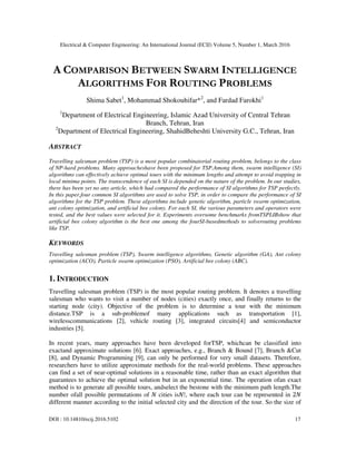 Electrical & Computer Engineering: An International Journal (ECIJ) Volume 5, Number 1, March 2016
DOI : 10.14810/ecij.2016.5102 17
A COMPARISON BETWEEN SWARM INTELLIGENCE
ALGORITHMS FOR ROUTING PROBLEMS
Shima Sabet1
, Mohammad Shokouhifar*2
, and Fardad Farokhi1
1
Department of Electrical Engineering, Islamic Azad University of Central Tehran
Branch, Tehran, Iran
2
Department of Electrical Engineering, ShahidBeheshti University G.C., Tehran, Iran
ABSTRACT
Travelling salesman problem (TSP) is a most popular combinatorial routing problem, belongs to the class
of NP-hard problems. Many approacheshave been proposed for TSP.Among them, swarm intelligence (SI)
algorithms can effectively achieve optimal tours with the minimum lengths and attempt to avoid trapping in
local minima points. The transcendence of each SI is depended on the nature of the problem. In our studies,
there has been yet no any article, which had compared the performance of SI algorithms for TSP perfectly.
In this paper,four common SI algorithms are used to solve TSP, in order to compare the performance of SI
algorithms for the TSP problem. These algorithms include genetic algorithm, particle swarm optimization,
ant colony optimization, and artificial bee colony. For each SI, the various parameters and operators were
tested, and the best values were selected for it. Experiments oversome benchmarks fromTSPLIBshow that
artificial bee colony algorithm is the best one among the fourSI-basedmethods to solverouting problems
like TSP.
KEYWORDS
Travelling salesman problem (TSP), Swarm intelligence algorithms, Genetic algorithm (GA), Ant colony
optimization (ACO), Particle swarm optimization (PSO), Artificial bee colony (ABC).
1. INTRODUCTION
Travelling salesman problem (TSP) is the most popular routing problem. It denotes a travelling
salesman who wants to visit a number of nodes (cities) exactly once, and finally returns to the
starting node (city). Objective of the problem is to determine a tour with the minimum
distance.TSP is a sub-problemof many applications such as transportation [1],
wirelesscommunications [2], vehicle routing [3], integrated circuits[4] and semiconductor
industries [5].
In recent years, many approaches have been developed forTSP, whichcan be classified into
exactand approximate solutions [6]. Exact approaches, e.g., Branch & Bound [7], Branch &Cut
[8], and Dynamic Programming [9], can only be performed for very small datasets. Therefore,
researchers have to utilize approximate methods for the real-world problems. These approaches
can find a set of near-optimal solutions in a reasonable time, rather than an exact algorithm that
guarantees to achieve the optimal solution but in an exponential time. The operation ofan exact
method is to generate all possible tours, andselect the bestone with the minimum path length.The
number ofall possible permutations of ܰ cities isܰ!, where each tour can be represented in 2ܰ
different manner according to the initial selected city and the direction of the tour. So the size of
 