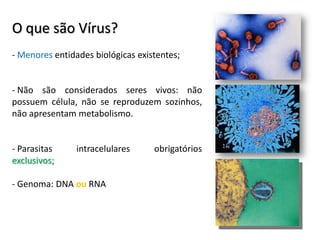 O que são Vírus?
- Menores entidades biológicas existentes;


- Não são considerados seres vivos: não
possuem célula, não se reproduzem sozinhos,
não apresentam metabolismo.


- Parasitas     intracelulares     obrigatórios
exclusivos;

- Genoma: DNA ou RNA
 