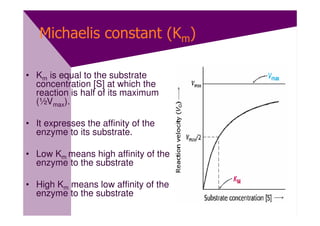 Michaelis constant (Km)

• Km is equal to the substrate
  concentration [S] at which the
  reaction is half of its maximum
  (½Vmax).

• It expresses the affinity of the
  enzyme to its substrate.

• Low Km means high affinity of the
  enzyme to the substrate

• High Km means low affinity of the
  enzyme to the substrate
 