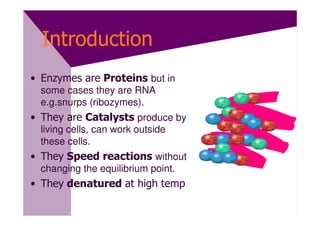 Introduction
• Enzymes are Proteins but in
  some cases they are RNA
  e.g.snurps (ribozymes).
• They are Catalysts produce by
  living cells, can work outside
  these cells.
• They Speed reactions without
  changing the equilibrium point.
• They denatured at high temp
 