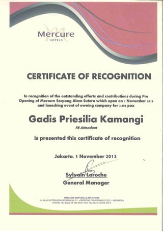 Pre-Opening Certificate ( Mercure SAS )