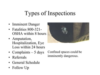 Types of Inspections
• Imminent Danger
• Fatalities 800-321-
OSHA within 8 hours
• Amputation,
Hospitalization, Eye
Loss within 24 hours
• Complaints – 5 days
• Referrals
• General Schedule
• Follow Up
Confined spaces could be
imminently dangerous.
 