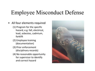 Employee Misconduct Defense
• All four elements required
(1) Program for the specific
hazard, e.g. fall, electrical,
lead, asbestos, cadmium,
forklift
(2) Employee training
(documentation)
(3) Prior enforcement
(disciplinary records)
(4) No reasonable opportunity
for supervisor to identify
and correct hazard
 