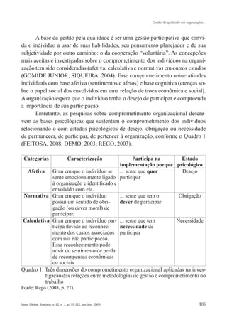 Gestão da qualidade nas organizações...




      A base da gestão pela qualidade é ser uma gestão participativa que convi-
da o indivíduo a usar de suas habilidades, seu pensamento planejador e de sua
subjetividade por outro caminho: o da cooperação “voluntária”. As concepções
mais aceitas e investigadas sobre o comprometimento dos indivíduos na organi-
zação tem sido consideradas (afetiva, calculativa e normativa) em outros estudos
(GOMIDE JÚNIOR; SIQUEIRA, 2004). Esse comprometimento reúne atitudes
individuais com base afetiva (sentimentos e afetos) e base cognitiva (crenças so-
bre o papel social dos envolvidos em uma relação de troca econômica e social).
A organização espera que o indivíduo tenha o desejo de participar e compreenda
a importância de sua participação.
      Entretanto, as pesquisas sobre comprometimento organizacional descre-
vem as bases psicológicas que sustentam o comprometimento dos indivíduos
relacionando-o com estados psicológicos de desejo, obrigação ou necessidade
de permanecer, de participar, de pertencer à organização, conforme o Quadro 1
(FEITOSA, 2008; DEMO, 2003; REGO, 2003).

 Categorias                        Caracterização   Participa na      Estado
                                             implementação porque psicológico
  Afetiva Grau em que o indivíduo se ... sente que quer               Desejo
              sente emocionalmente ligado participar
              à organização e identificado e
              envolvido com ela.
 Normativa Grau em que o indivíduo           ... sente que tem o     Obrigação
              possui um sentido de obri-     dever de participar
              gação (ou dever moral) de
              participar.
Calculativa Grau em que o indivíduo par- ... sente que tem          Necessidade
              ticipa devido ao reconheci-    necessidade de
              mento dos custos associados participar
              com sua não participação.
              Esse reconhecimento pode
              advir do sentimento de perda
              de recompensas econômicas
              ou sociais.
Quadro 1: Três dimensões do comprometimento organizacional aplicadas na inves-
          tigação das relações entre metodologias de gestão e comprometimento no
          trabalho
Fonte: Rego (2003, p. 27).


Visão Global, Joaçaba, v. 12, n. 1, p. 95-112, jan./jun. 2009                                     105
 