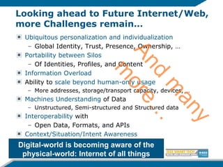 Looking ahead to Future Internet/Web,
more Challenges remain…
Ubiquitous personalization and individualization
– Global Identity, Trust, Presence, Ownership, …
Portability between Silos
– Of Identities, Profiles, and Content
Information Overload
Ability to scale beyond human-only usage
– More addresses, storage/transport capacity, devices, …
Machines Understanding of Data
– Unstructured, Semi-structured and Structured data
Interoperability with
– Open Data, Formats, and APIs
Context/Situation/Intent Awareness
Digital-world is becoming aware of the
physical-world: Internet of all things
 