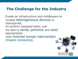 The Challenge for the Industry
Create an infrastructure and middleware to
•enable heterogeneous devices to
interoperate,
•to perform assigned tasks, and
•be able to sense, perceive and react
appropriately
•with minimal human intervention
(Organic Computing).
 