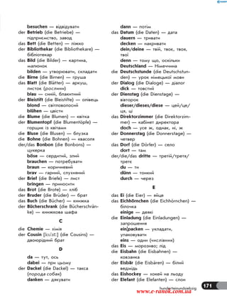 171hunderteinundsiebzig
besuchen — відвідувати
der Betrieb (die Betriebe) —
підприємство, завод
das Bett (die Betten) — ліжко
der Bibliothekar (die Bibliothekare) —
бібліотекар
das Bild (die Bilder) — картина,
малюнок
bilden — утворювати, складати
die Birne (die Birnen) — груша
das Blatt (die Blätter) — аркуш,
листок (рослини)
blau — синій, блакитний
der Bleistift (die Bleistifte) — олівець
blond — світловолосий
blühen — цвісти
die Blume (die Blumen) — квітка
der Blumentopf (die Blumentöpfe) —
горщик із квітами
die Bluse (die Blusen) — блузка
die Bohne (die Bohnen) — квасоля
der/das Bonbon (die Bonbons) —
цукерка
böse — сердитий, злий
brauchen — потребувати
braun — коричневий
brav — гарний, слухняний
der Brief (die Briefe) — лист
bringen — приносити
das Brot (die Brote) — хліб
der Bruder (die Brüder) — брат
das Buch (die Bücher) — книжка
der Bücherschrank (die Bücherschrän-
ke) — книжкова шафа
C
die Chemie — хімія
der Cousin [ku'zŠ:] (die Cousins) —
двоюрiдний брат
D
da — тут, ось
dabei — при цьому
der Dackel (die Dackel) — такса
(порода собак)
danken — дякувати
dann — потім
das Datum (die Daten) — дата
dauern — тривати
decken — накривати
dein/deine — твій, твоє, твоя,
твої
denn — тому що, оскільки
Deutschland — Німеччина
die Deutschstunde (die Deutschstun-
den) — урок німецької мови
der Dialog (die Dialoge) — діалог
dick — товстий
der Dienstag (die Dienstage) —
вівторок
dieser/dieses/diese — цей/це/
ця, ці
das Direktorzimmer (die Direktorzim-
mer) — кабінет директора
doch — усе ж, однак, ні, ж
der Donnerstag (die Donnerstage) —
четвер
das Dorf (die Dörfer) — село
dort — там
der/die/das dritte — третій/третя/
третє
du — ти
dünn — тонкий
durch — через
E
das Ei (die Eier) — яйце
das Eichhörnchen (die Eichhörnchen) —
білочка
einige — деякі
die Einladung (die Einladungen) —
запрошення
ein|packen — укладати,
упаковувати
eins — один (числівник)
das Eis — морозиво; лід
die Eisbahn (die Eisbahnen) —
ковзанка
der Eisbär (die Eisbären) — бiлий
ведмiдь
das Eishockey — хокей на льоду
der Elefant (die Elefanten) — слон
www.e-ranok.com.ua
 