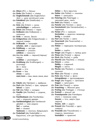 172 hundertzweiunfsiebzig
die Eltern (Pl.) — батьки
das Ende (die Enden) — кінець
die Englischstunde (die Englischstun-
den) — урок англійської мови
das Enkelkind (die Enkelkinder) —
онук, -а
die Ente (die Enten) — качка
entschuldigen — вибачати
die Erbse (die Erbsen) — горох
die Erdbeere (die Erdbeeren) —
полуниця
die Erde — земля, Земля
das Erdgeschoss (die Erdgeschosse) —
перший поверх
die Erdkunde — географія
erholen, sich — відпочивати
die Erkältung — застуда
erkennen — упізнати
erklären — пояснити
der/die/das erste — перший/перша/
перше
erzählen — розповідати
die Erzählung (die Erzählungen) —
розповідь
es — воно
essen — їсти
das Essen — їжа
etwas — щось
euer/eure — ваш, ваше, ваша, ваші
F
die Fabrik (die Fabriken) — фабрика
das Fach (die Fächer) — фах, предмет
fahren — їхати
der Fall (die Fälle) — випадок
die Familie (die Familien) — родина,
сім’я
der Familienbaum (die Familienbäu-
me) — родинне дерево
das Familienmitglied (die Familienmit-
glieder) — член родини
fast — майже
faul — лінивий
faulenzen — лінитися, байдикувати
der Federball (die Federbälle) —
бадмінтон, м’яч для бадмінтону
fehlen — бути відсутнім
der Fehler (die Fehler) — помилка
feiern — святкувати
der Feiertag (die Feiertage) —
святковий день, свято
das Feld (die Felder) — поле
das Fenster (die Fenster) — вікно
das Fensterbrett (die Fensterbretter) —
підвіконня
die Ferien (Pl.) — канікули
fern|sehen — дивитися телевізор
fertig — готовий
das Fest (die Feste) — свято
das Feuerwerk (die Feuerwerke) —
феєрверк
das Fieber — підвищена температура,
жар
finden — знайти
der Finger (die Finger) — палець руки
die Firma (die Firmen) — фірма
der Fisch (die Fische) — риба
die Flasche (die Flaschen) — пляшка
das Fleisch — м’ясо
fleißig — старанний
fliegen — летіти
die Flocke (die Flocken) — сніжинка,
пушинка
der Fluss (die Flüsse) — річка
das Foto (die Fotos) — фото
fotografieren — фотографувати
die Frage (die Fragen) — запитання
fragen — запитувати
die Frau (die Frauen) — жінка
der Frauentag — Жіночий день
der Freitag (die Freitage) — п’ятниця
die Freizeit — вільний час
die Fremdsprache (die Fremdspra-
chen) — іноземна мова
fressen — їсти, жерти (про
тварин)
freuen, sich — радіти
der Freund (die Freunde) — друг,
товариш
die Freundin (die Freundinnen) —
подруга, приятелька
freundlich — привітний
www.e-ranok.com.ua
 
