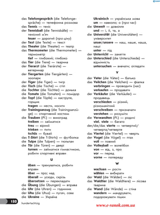 180 hundertachtzig
das Telefongespräch (die Telefonge-
spräche) — телефонна розмова
das Tennis — теніс
der Tennisball (die Tennisbälle) —
тенісний м’яч
teuer — дорогий (про ціну)
der Text (die Texte) — текст
das Theater (die Theater) — театр
das Thermometer (die Thermometer) —
термометр
tief — глибокий; глибоко
das Tier (die Tiere) — тварина
der Tierarzt (die Tierärzte) —
ветеринар
der Tiergarten (die Tiergärten) —
зоопарк
der Tiger (die Tiger) — тигр
der Tisch (die Tische) — стіл
die Tochter (die Töchter) — донька
die Tomate (die Tomaten) — помідор
der Topf (die Töpfe) — каструля,
горщик
tragen — нести, носити
der Trainingsanzug (die Trainingsanzü-
ge) — спортивний костюм
die Trauben (Pl.) — виноград
treiben — займатися
treu — вірний
trinken — пити
tschüs — бувай
das T-Shirt (die T-Shirts) — футболка
die Tulpe (die Tulpen) — тюльпан
die Tür (die Türen) — двері
turnen — займатися гімнастикою,
робити спортивні вправи
U
üben — тренуватися, робити
вправи
über — про; над
überall — усюди, скрізь
übersetzen — перекладати
die Übung (die Übungen) — вправа
die Uhr (die Uhren) — годинник
der Uhu (die Uhus) — пугач, сова
die Ukraine — Україна
Ukrainisch — українська мова
um — навколо; о (про час)
die Umwelt — довкілля
und — і, й, та, а
die Universität (die Universitäten) —
університет
unser/unsere — наш, наше, наша,
наші
unter — під
der Unterricht — заняття
der Unterschied (die Unterschiede) —
відмінність
untersuchen — вивчати; оглядати
V
der Vater (die Väter) — батько
das Veilchen (die Veilchen) — фіалка
verbringen — проводити (час)
verkaufen — продавати
der Verkäufer (die Verkäufer) —
продавець
verschieden — різний,
різноманітний
verschreiben — призначати
verstehen — розуміти
die Verwandten (Pl.) — родичі
viel, viele — багато
der/die/das vierte — четвертий/
четверта/четверте
das Viertel (die Viertel) — чверть
der Vogel (die Vögel) — птах
voll — повний
der Volleyball — волейбол
von — від, з, про
vor — перед
vorne — попереду
W
wachsen — рости
wählen — вибирати
der Wald (die Wälder) — ліс
das Waldtier (die Waldtiere) — лісова
тварина
die Wand (die Wände) — стіна
wandern — мандрувати,
подорожувати пішки
www.e-ranok.com.ua
 