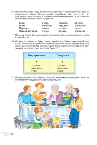   5	Про­чи­тайте сло­ва, звук, обо­зна­чен­ный бук­вой г, про­из­но­сите как звук [ґ]
ук­ра­ин­ско­го язы­ка. Данные сло­ва по­до­б­ра­ны так, что у них нет 
дру­гих «се­к­ре­тов» чте­ния, по­это­му их пра­виль­но про­чи­та­ет и тот, кто толь­
ко на­чи­на­ет учить­ся чи­тать порус­ски.
Га­ля	 гость	 уга­дать	 дру­гая
Го­ша	 гал­стук	 за­га­дать	 глу­бо­кая
Лу­ганск	 ва­гон	 гу­лять	 ту­гая
Лу­гань (реч­ка)	 гу­док	 пу­гать	 во­гну­тая
Спи­шите сло­ва. Уст­но со­ставьте со­че­та­ния слов, ко­то­рые мож­но от­не­с­ти
к те­ме «Гость».
  6	Срав­ните ук­ра­ин­скую бук­ву г и рус­скую бук­ву г. Ка­кие зву­ки они обо­зна-­
ча­ют? Про­чи­тайте, срав­ните зву­ча­ние по­хо­жих, но не оди­на­ко­вых слов
ук­ра­ин­ско­го и рус­ско­го язы­ков. Ка­кая бук­ва ук­ра­ин­ско­го ал­фа­ви­та обо­
зна­ча­ет тот же звук, что и рус­ская бук­ва г?
  7	По­слу­шайте рас­сказ учи­те­ля о том, что изо­б­ра­же­но на ри­сун­ке. Точ­но ли
со­от­вет­ст­ву­ет со­дер­жа­ние рас­ска­за ри­сун­ку?
 
10
 