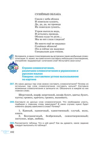 102
СУШЁНЫЕ ОБЛАКА
Сняли с неба облака
И повесили сушить.
Да, да, да, на провода
Их повесили сушить.
Утром высохла вода,
И остались провода.
Облака куда-то дели...
Мы во все глаза глядели!
Но никто ещё не видывал
Сушёных облаков!
Это я сейчас их выдумал
Специально для стихов.
В��������������������������������������������������������������������спомните, в каких стихотворениях вы встречали такие необычные слово­
сочетания. А, может, вы сами хотите составить небольшое стихотворение,
употребляя «выдуманные» сочетания слов? Испытайте свои силы!
44 	 Строим словосочетания,
	 различаем словосочетания в украинском и
	 русском языках
	 Говорим: составляем устное высказывание
	 по картине
307.	Из каких данных пар слов можно составить словосочетания? Почему из
остальных пар слов словосочетания составить нельзя? Составьте
возможные словосочетания и запишите их. Обозначьте в каждом из них
главное слово.
Шерстяной, шарф; шерстяной, шкаф; букет, цветы; букет,
кусты; громко, кричать; громко, вышивать.
308. Составьте из данных слов словосочетания. Что необходимо учесть,
подбирая к главному слову зависимое? В каких случаях нужно будет
изменить форму зависимого слова? Почему?
1. Единый, единичный, единственный; случай, воля,
книга.
2. Безграничный, безбрежный, самоотверженный;
поступок, море, любовь.
309. Рассмотрите таблицу. Что в ней дано? Как вы думаете, какое задание
следует выполнить по таблице?
 