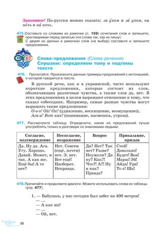 160
Запомните! По-русски можно сказать: за ухом и за ухом, на
ночь и на ночь.
75Составьте со словами из рамочки (с. 159) сочетания слов и запишите,
проговаривая перед записью эти слова так, как их пишут.
	 С двумя их данных в рамочках слов (на выбор) составьте и запишите
предложения.
67 	 ­­­­ ­­­
	 ­­ ­­­­ ­  ­­
	 ­­
76	 Прочитайте. Произнесите данные примеры предложений с интонацией,
о которой говорится в тексте.
В русской речи, как и в украинской, часто используют
короткие предложения, которые состоят из слов,
обозначающих различные чувства, а также слов да, нет. В
этих предложениях в целом выражают отношение к тому, что
сказал собеседник. Например, самые разные чувства могут
выражать такие предложения:
О-о-о! Ой! Ох! (удивление, восхищение, возмущение);.
Ага-а! Вот как! (понимание, насмешка, угроза).
77  Рассмотрите таблицу. Определите, какие из предложений лучше
употреблять только в разговоре со знакомыми людьми.
Согласие,
подтверждение
Несогласие,
возражение
Вопрос Приказание,
призыв
Да. Ну да. Ага.
Угу. Хорошо.
Давай. Может, и
так. А как же.
Ещё бы! А то
нет?
Нет. Совсем
(ещё, почти)
нет. Э, нет.
Вот ещё!
Наоборот.
Неправда.
Да? Нет? Так
нет? Разве?
Неужели? Да
ну? Как?!
Что?! А?! Ну
и как?
Правда?
Стой!
Довольно!
Будет! Вон!
Марш! Эй!
Айда! Ура!
Тс-с! Ша!
78Прочитайте и продолжите диалоги. Можете использовать слова из таблицы
(упр. 477).
1. — Бабушка, у нас сегодня был забег на 400 метров!
— ...
— А как же!
— ...
— Ой, нет.
 