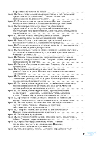 175
Выразительно читаем по ролям. . . . . . . . . . . . . . . . . . . . . . . . . . . . . .
Урок 37. Повествовательные, вопросительные и побудительные
предложения (продолжение). Пишем: составляем
высказывание по данному началу. . . . . . . . . . . . . . . . . . . . . . . . . . . .
Урок 38. Восклицательные предложения (Окличні речення).
Говорим: составляем высказывание по опорным словам . . . . . . . . .
Урок 39. Находим, используем средства объединения
предложений в тексте. Слушаем, обсуждаем поступки
действующих лиц произведения. Пишем: дополняем данные
предложения. . . . . . . . . . . . . . . . . . . . . . . . . . . . . . . . . . . . . . . . . . . . .
Урок 40. Читаем молча: находим диалог в тексте. Говорим:
составляем диалог на основе жизненного опыта
Урок 41. Употребляем средства связи предложений в тексте.
Говорим: составляем высказывание по рисунку. . . . . . . . . . . . . . . . .
Урок 42. Слушаем: выполняем тестовые задания по прослушанному.
Говорим: обсуждаем прослушанное. . . . . . . . . . . . . . . . . . . . . . . . . .
Урок 43. Находим, составляем словосочетания (словосполучення),
различаем словосочетания в украинском и русском языках.
Читаем выразительно. . . . . . . . . . . . . . . . . . . . . . . . . . . . . . . . . . . . . .
Урок 44. Строим словосочетания, различаем словосочетания в
украинском и русском языках. Говорим: составляем устное
высказывание по картине. . . . . . . . . . . . . . . . . . . . . . . . . . . . . . . . . .
Урок 45. Пишем обучающее изложение. Говорим: обсуждаем
прочитанное. . . . . . . . . . . . . . . . . . . . . . . . . . . . . . . . . . . . . . . . . . . . .
Урок 46. Находим, анализируем многозначные слова,
употребляем их в речи. Пишем: составляем высказывание
о пословице. . . . . . . . . . . . . . . . . . . . . . . . . . . . . . . . . . . . . . . . . . . . . .
Урок 47. Находим, анализируем слова с прямым и переносным
значением, употребляем их в речи. Читаем: учимся понимать
эмоциональный настрой текста . . . . . . . . . . . . . . . . . . . . . . . . . . . . .
Урок 48. Находим, анализируем слова, подобные по значению —
синонимы (синоніми), употребляем их в речи. Читаем:
находим образные выражения в тексте . . . . . . . . . . . . . . . . . . . . . . .
Урок 49. Находим, анализируем слова, противоположные
по значению — антонимы (антоніми), употребляем их
в речи. Читаем, обсуждает основную мысль текста. . . . . . . . . . . . . .
Урок 50. Проверяем себя: выполняем задания по языковым
темам. Читаем молча: предугадываем пропущенные слова. . . . . . .
Урок 51. Читаем молча: восстанавливаем последовательность
частей текста. Говорим: обсуждаем поступки
действующих лиц произведения . . . . . . . . . . . . . . . . . . . . . . . . . . . . .
Урок 52. Говорим: составляем диалог по данному началу.
Пишем: составляем описание животного . . . . . . . . . . . . . . . . . . . . . .
Урок 53. Повторяем пройденное. . . . . . . . . . . . . . . . . . . . . . . . . . . . . . . . .
Урок 54. Построение текста (зачин, основная часть, заключение).
Абзац. Говорим: пересказываем текст. . . . . . . . . . . . . . . . . . . . . . . . .
Урок 55. Слушаем: определяем тему текста. Читаем:
делим текст на части по содержанию. Пишем о
своих впечатлениях от прочитанного . . . . . . . . . . . . . . . . . . . . . . . . .
Урок 56. Тема и подтемы текста. Слушаем: определяем тему
 