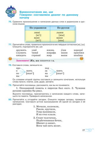 27
12 	 ­­­­­  
	 ­­ ­­­ ­­  ­­ 		
	 
  6	Срав­ните про­из­но­ше­ние и на­пи­са­ние дан­ных слов в ук­ра­ин­ском и рус­
ском язы­ках.
  7	Про­чи­тайте сло­ва, пра­виль­но про­из­но­ся в них твёр­дые со­глас­ные [ж], [ш].
Спи­шите, под­черк­ните жи, ши.
дру­жить	 ужи	 жизнь	 уши	 хо­ро­ши
слу­жить	 чи­жи	 жи­ра­фа	 на­ши	 при­го­жи
ожи­дать	 стри­жи	 жир	 ва­ши	 по­хо­жи
Запомните! Жи, ши пи­шется с и.
  8 Со­ставьте сло­ва, за­пи­шите их.
про			 под
о	 жить		 за	 шить
по	 [жыт′]		 на	 [шыт′]
вы			 вы
Со сло­ва­ми вто­рой груп­пы со­ставьте и за­пи­шите со­че­та­ния, ис­поль­зуя
сло­ва паль­то, пла­ток, шов, ды­ра, за­пла­та.
  9	Про­чи­тайте по­сло­ви­цы, рас­ска­жите, как вы их по­ни­ма­ете.
1.  Опоз­дав­ший по­мочь к пи­ро­гам был охоч. 2.  Чу­жи­ми
ру­ка­ми кра­пи­ву бы рвал.
Вы­учите по­сло­ви­цы, при­смо­т­ритесь к на­пи­са­нию каж­до­го сло­ва, за­пи­
шите по па­мя­ти. Про­верьте на­пи­сан­ное.
 80	Про­чи­тайте и от­га­дайте за­гад­ки. Спи­шите первую загадку, про­верьте
на­пи­сан­ное. Со­ставьте уст­ное вы­ска­зы­ва­ние об одной из за­гад­ок и её
раз­гад­ке.
1. Мо­чи­ли, ко­ло­ти­ли,
Рва­ли, кру­ти­ли,
Узор вы­ши­ва­ли,
И на стол кла­ли.
2. Стоит толстячок,
Подбоченивши бочок,
Шипит и кипит,
Всем чай пить велит.
 