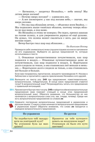84
—  Ба­тюш­ки,— за­кри­чал Не­знай­ка,— не­бо вни­зу! Мы
летим вверх но­га­ми!
— По­че­му вверх но­га­ми? — уди­ви­лись все.
— А вот по­смо­т­ри­те: у нас под но­га­ми не­бо,— зна­чит, мы
вверх но­га­ми.
— Это мы над об­ла­ка­ми ле­тим,— объ­яс­нил всем Знай­ка.—
Мы под­ня­лись вы­ше тя­жё­лых об­ла­ков, по­это­му те­перь об­ла­
ка не над на­ми, а под на­ми.
Но Не­знай­ка и это­му не по­ве­рил. Он си­дел, креп­ко за­вя­зав
на го­ло­ве шля­пу, и для уве­рен­но­с­ти дер­жал её ещё ру­ка­ми.
Он ду­мал, что шля­па мо­жет сва­лить­ся с не­го, раз он вверх
нога­ми си­дит.
Ве­тер бы­с­т­ро гнал шар над об­ла­ка­ми...
По Ни­ко­лаю Но­со­ву
	 Проверьте себя: внимательно ли вы слушали отрывок из книги и запомнили
ли его содержание. Выберите из данных предложений те, которые
использованы в тексте.
1.  От­важ­ные пу­те­ше­ст­вен­ни­ки по­чув­ст­во­ва­ли, как шар
под­нял­ся в воз­дух.— От­важ­ные пу­те­ше­ст­вен­ни­ки да­же не
почув­ст­во­ва­ли, как шар под­нял­ся в воз­дух. 2. Ко­ро­тыш­ки
дол­го сле­ди­ли за те­нью, а она ста­но­ви­лась всё мень­ше и мень­
ше.— Ко­ро­тыш­ки дол­го сле­ди­ли за те­нью, а она ста­но­ви­лась
всё боль­ше и боль­ше.
	 Ес­ли вам по­нра­ви­лось про­чи­тан­ное, возь­мите про­из­ве­де­ние Н. Но­со­ва в
биб­ли­о­те­ке и про­чи­тайте о дру­гих при­клю­че­ни­ях Не­знай­ки и его друзей.
50	Выпишите из текста упр. 249 три предложения: повествовательное,
вопросительное, побудительное. В конце каких предложений ставится
точка? А вопросительный знак? Потренируйтесь читать эти предложения
с правильной интонацией.
51	Просмотритебыстротекстизупр.249инайдитевнёмвсевопросительные
предложения (вам поможет стоящий в конце этих предложений
вопросительный знак). Обратите внимание, что большинство из них
начинается с вопросительных слов (что, как, откуда, почему). Среди них
есть вопросительное предложение со словом ли.
52	Сравните построение вопросительных предложений в украинском и
русском языках. С какого слова начинается вопросительное предложение
в украинском языке? Обратите внимание, что слово ли находится в
середине вопросительного предложения.
 