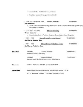  Assisted in the orientation of new personnel.
 Prioritized tasks and managed time efficiently.
 June 2002 – November 2004 Silliman University PHILIPPINES
Asst. Professor
 Taught subjects like Pharmacology, Strategies in Health Education; Medical-Surgical Nursing,
Participated in Research
 June 2000 – May 2002 Silliman University PHILIPPINES
Clinical Instructor
 Supervised students in Pediatric, Obstetrics-Gynecology, and Med-Surg floors
 1997 – 1998 Negros Oriental Provincial Hospital PHILIPPINES
Staff Nurse, Surgical floor
 1994 – 1995 Silliman University Medical Center PHILIPPINES
Staff Nurse, Pediatrics floor
Education 1989-1993 Silliman University PHILIPPINES
Bachelor of Science in Nursing
1995-2000 Silliman University PHILIPPINES
Master of Arts in Nursing (MAJOR: Parent-Child Nursing)
Licensure California RN license # 762898 (expires 05/31/2017)
Certification Medical-Surgical Nursing Certification #2009004146 (expires 7/2019)
BLS for Healthcare Providers - CPR & AED (expires 02/2018)
 
