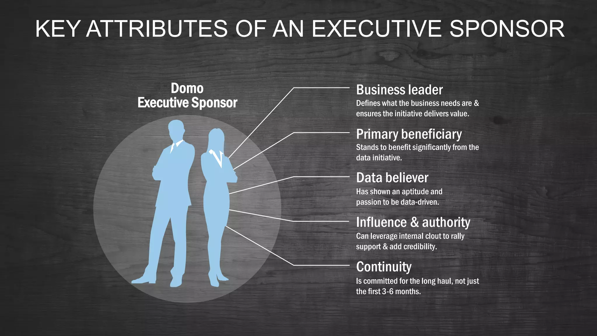 KEY ATTRIBUTES OF AN EXECUTIVE SPONSOR
Primary beneficiary
Stands to benefit significantly from the
data initiative.
Business leader
Defines what the business needs are &
ensures the initiative delivers value.
Data believer
Has shown an aptitude and
passion to be data-driven.
Influence & authority
Can leverage internal clout to rally
support & add credibility.
Continuity
Is committed for the long haul, not just
the first 3-6 months.
Domo
Executive Sponsor
 