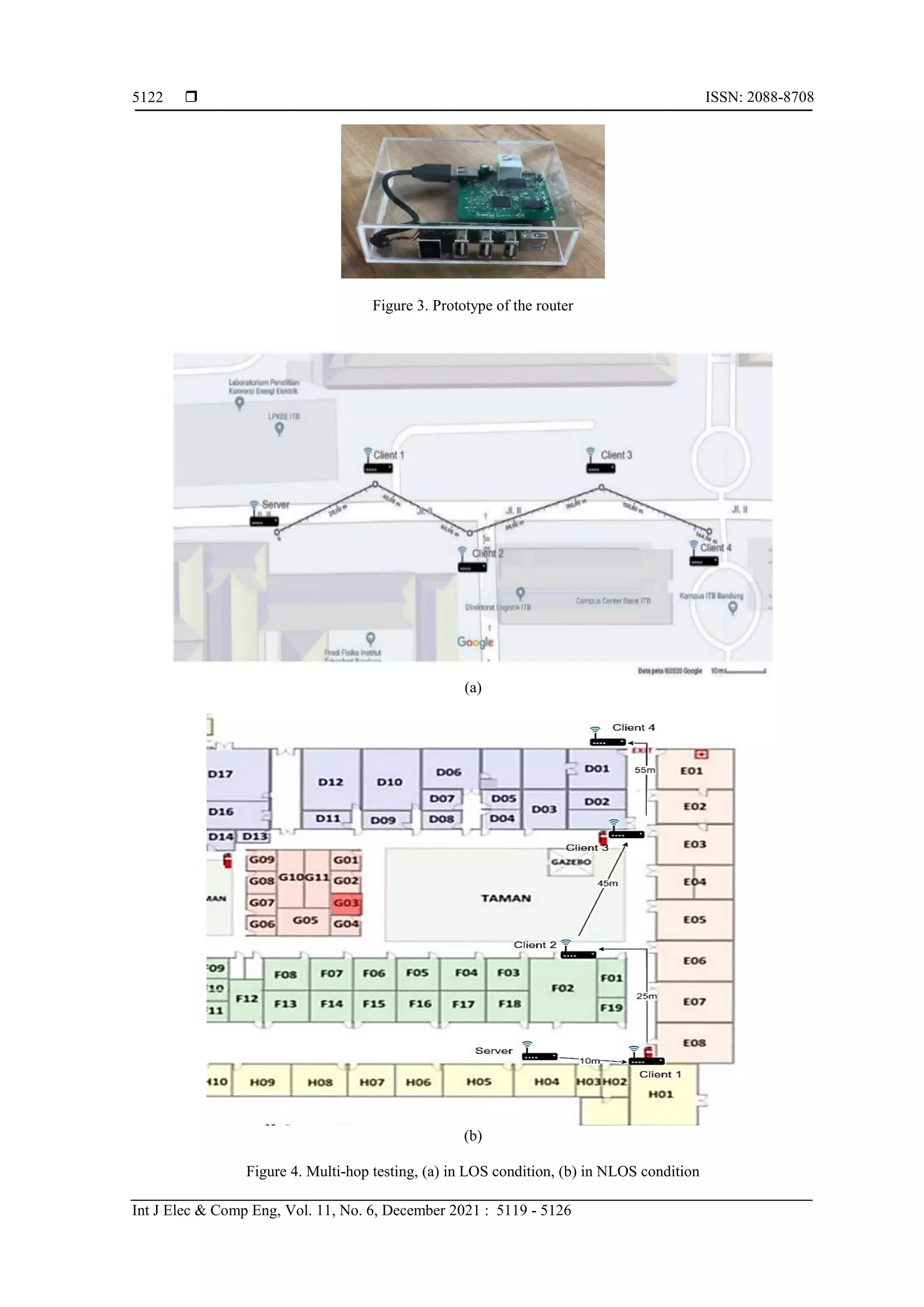  ISSN: 2088-8708
Int J Elec & Comp Eng, Vol. 11, No. 6, December 2021 : 5119 - 5126
5122
Figure 3. Prototype of the router
(a)
(b)
Figure 4. Multi-hop testing, (a) in LOS condition, (b) in NLOS condition
 