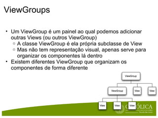 ViewGroups Um ViewGroup é um painel ao qual podemos adicionar outras Views (ou outros ViewGroup) A classe ViewGroup é ela própria subclasse de View Mas não tem representação visual, apenas serve para organizar os componentes lá dentro Existem diferentes ViewGroup que organizam os componentes de forma diferente 