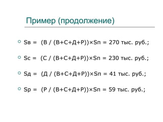 Пример (продолжение)
 Sв = (В / (В+С+Д+Р))×Sп = 270 тыс. руб.;
 Sc = (C / (В+С+Д+Р))×Sп = 230 тыс. руб.;
 Sд = (Д / (В+С+Д+Р))×Sп = 41 тыс. руб.;
 Sр = (Р / (В+С+Д+Р))×Sп = 59 тыс. руб.;
 