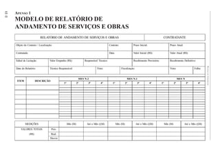 12 /2

        APENSO 1
        MODELO DE RELATÓRIO DE
        ANDAMENTO DE SERVIÇOS E OBRAS
                                RELATÓRIO DE ANDAMENTO DE SERVIÇOS E OBRAS                                                                     CONTRATANTE

        Objeto do Contrato / Localização:                                                    Contrato:              Prazo Inicial:                     Prazo Atual:

        Contratada:                                                                          Data:                  Valor Inicial (R$):                Valor Atual (R$)

        Edital de Licitação:          Valor Empenho (R$):             Responsável Técnico:                          Recebimento Provisório:            Recebimento Definitivo:




                                                                                                                                                                                        PRÁTICAS
        Data do Relatório:            Técnico Responsável:                      Visto:                   Fiscalização:                                 Visto:                  Folha:




                                                                                                                                                                                        DE
                                                                                                                                                                                        CONSTRUÇÃO
                                                                  MES N-2                                       MES N-1                                           MES N
         ITEM                DESCRIÇÃO
                                                  1ª             2ª      3ª        4ª           1ª             2ª         3ª         4ª       1ª             2ª           3ª      4ª




                MEDIÇÕES                               Mês (M)         Até o Mês (ΣM)                Mês (M)             Até o Mês (ΣM)            Mês (M)            Até o Mês (ΣM)
            VALORES TOTAIS               Prev.
                      (R$)               Real.
                                       Desvio
 